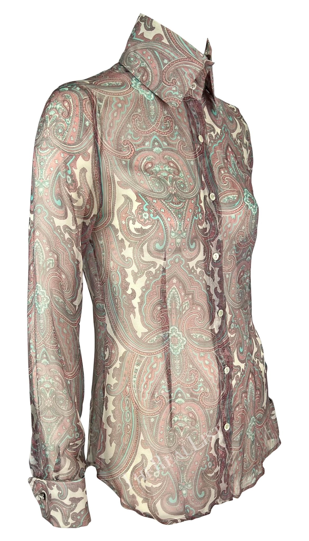 S/S 2000 Dolce & Gabbana Pink Paisley Sheer Button Rhinestone Cuff Shirt - RealList