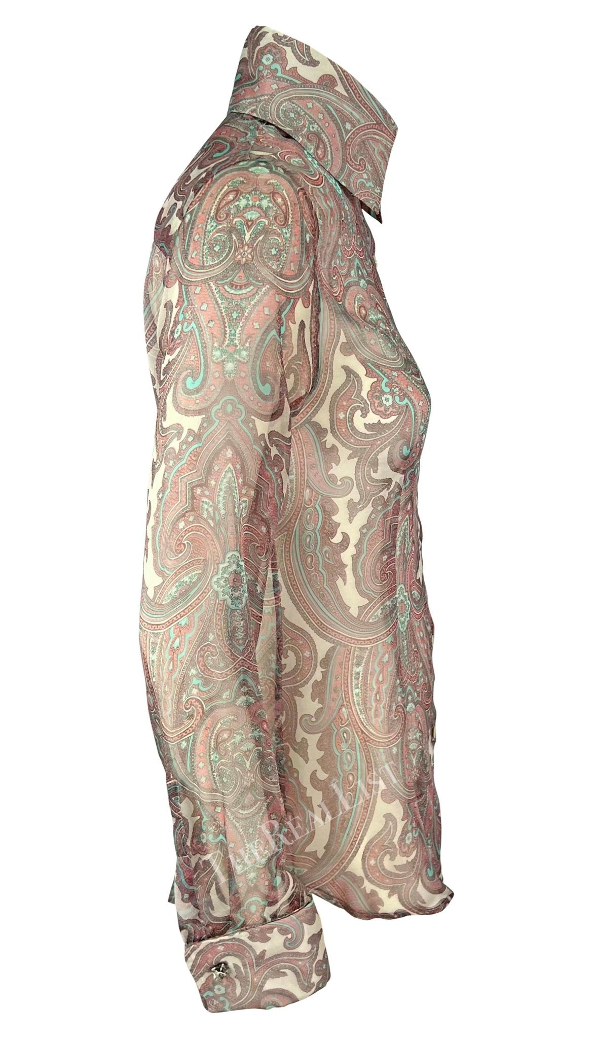 S/S 2000 Dolce & Gabbana Pink Paisley Sheer Button Rhinestone Cuff Shirt - RealList