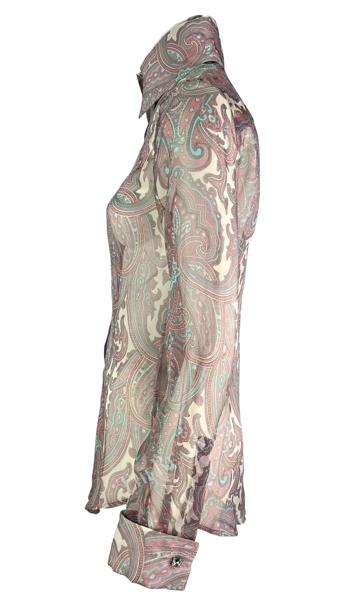 S/S 2000 Dolce & Gabbana Pink Paisley Sheer Button Rhinestone Cuff Shirt - RealList