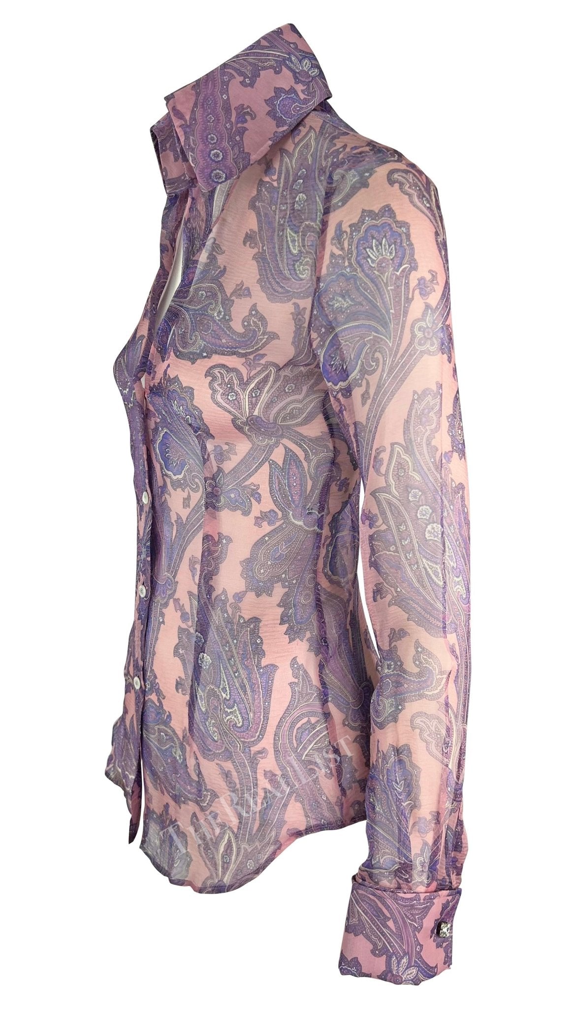 S/S 2000 Dolce & Gabbana Purple Sheer Paisley Runway Button Rhinestone Cuff Shirt - RealList