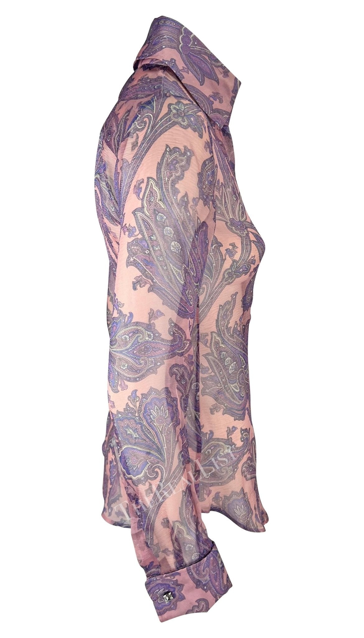 S/S 2000 Dolce & Gabbana Purple Sheer Paisley Runway Button Rhinestone Cuff Shirt - RealList
