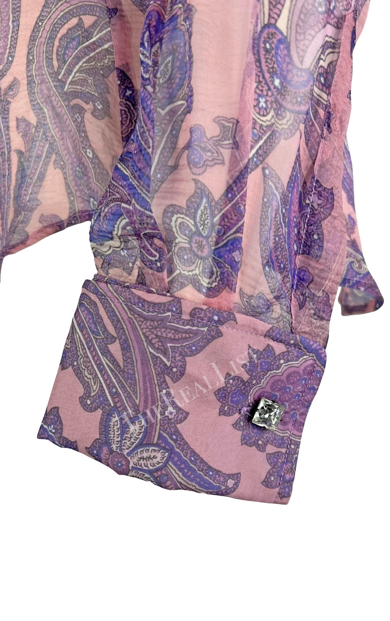 S/S 2000 Dolce & Gabbana Purple Sheer Paisley Runway Button Rhinestone Cuff Shirt - RealList