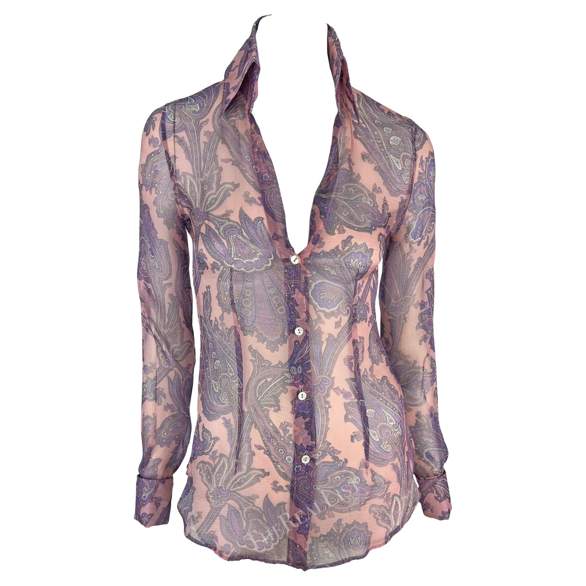 S/S 2000 Dolce & Gabbana Purple Sheer Paisley Runway Button Rhinestone Cuff Shirt - RealList