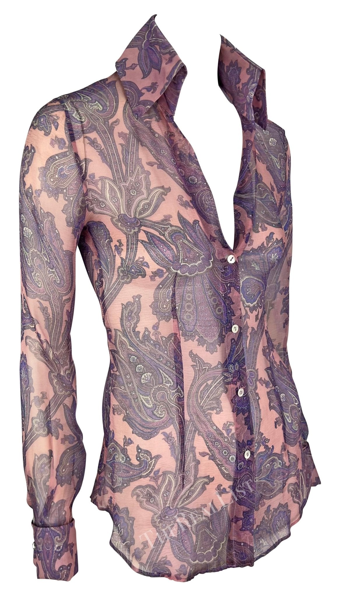 S/S 2000 Dolce & Gabbana Purple Sheer Paisley Runway Button Rhinestone Cuff Shirt - RealList
