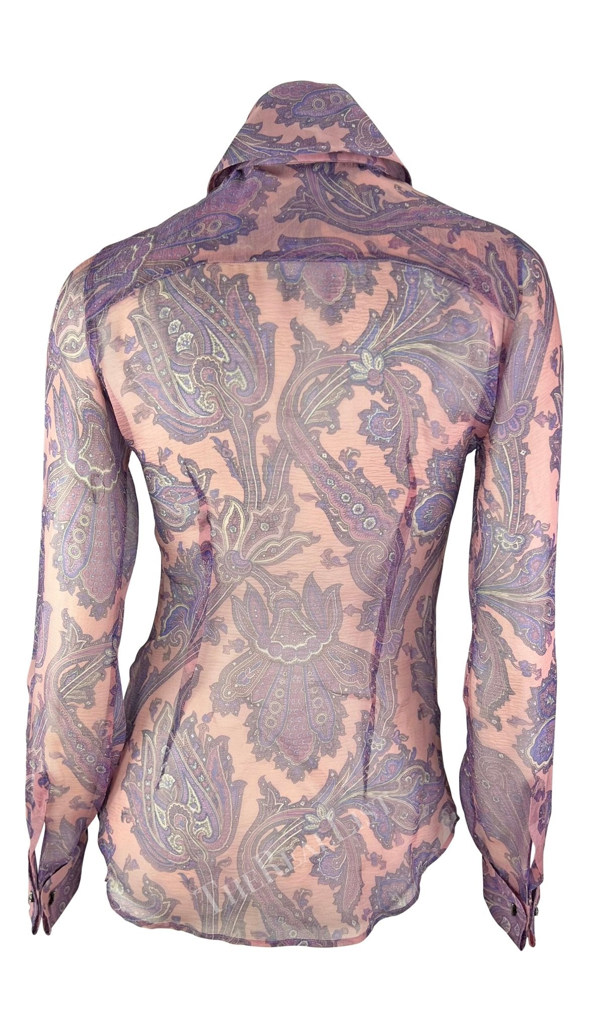 S/S 2000 Dolce & Gabbana Purple Sheer Paisley Runway Button Rhinestone Cuff Shirt - RealList