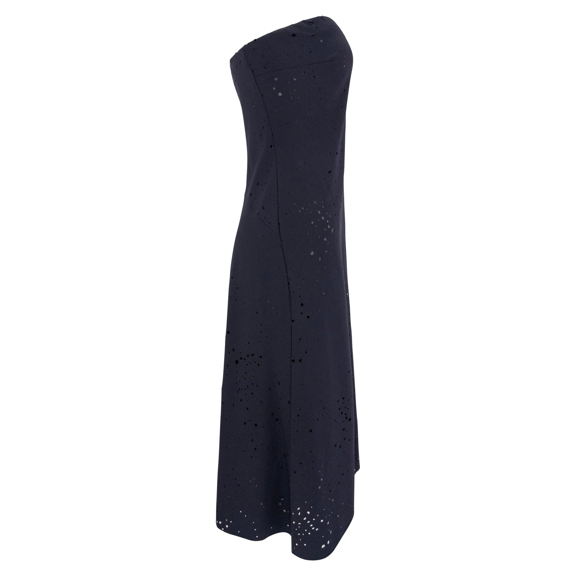 S/S 2000 Donna Karan Runway Navy Blue Perforated Strapless Flare Mini Dress - RealList