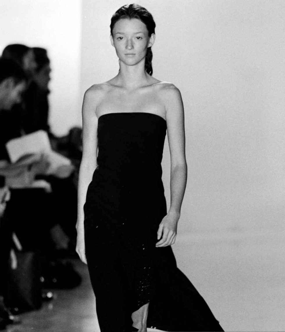 S/S 2000 Donna Karan Runway Navy Blue Perforated Strapless Flare Mini Dress - RealList