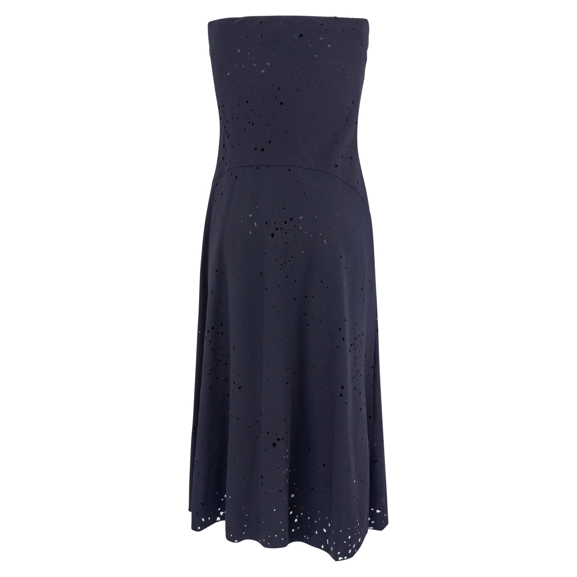 S/S 2000 Donna Karan Runway Navy Blue Perforated Strapless Flare Mini Dress - RealList
