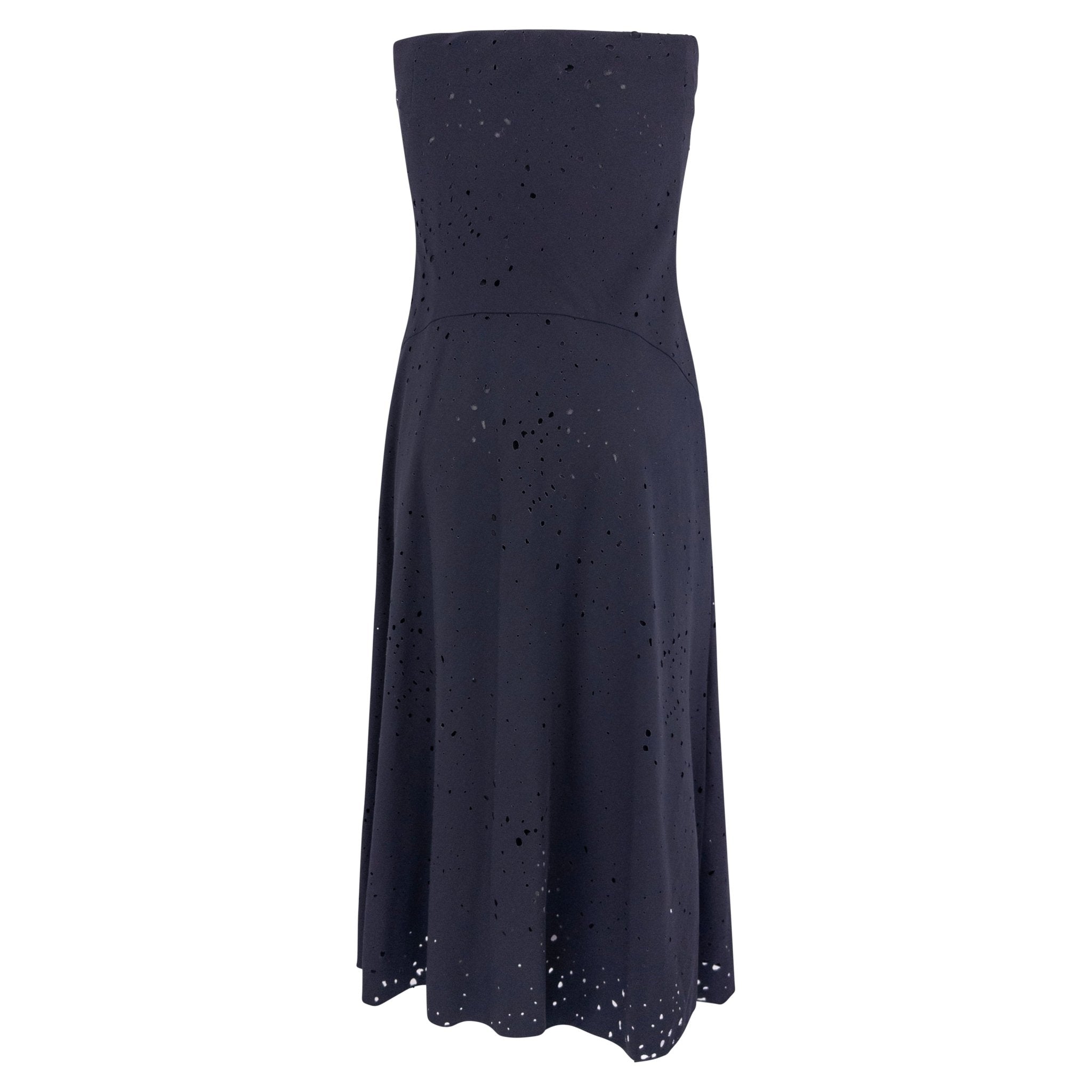 S/S 2000 Donna Karan Runway Navy Blue Perforated Strapless Flare Mini Dress - RealList