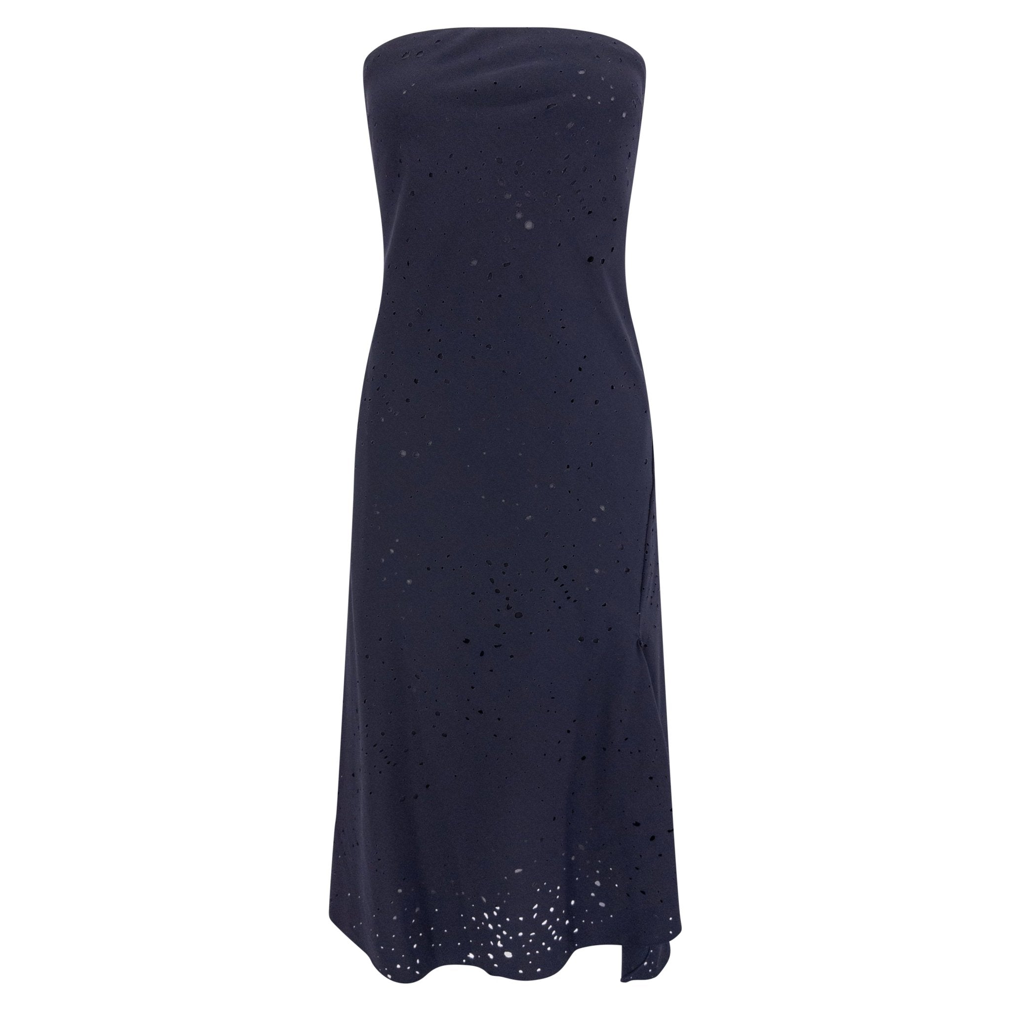 S/S 2000 Donna Karan Runway Navy Blue Perforated Strapless Flare Mini Dress - RealList