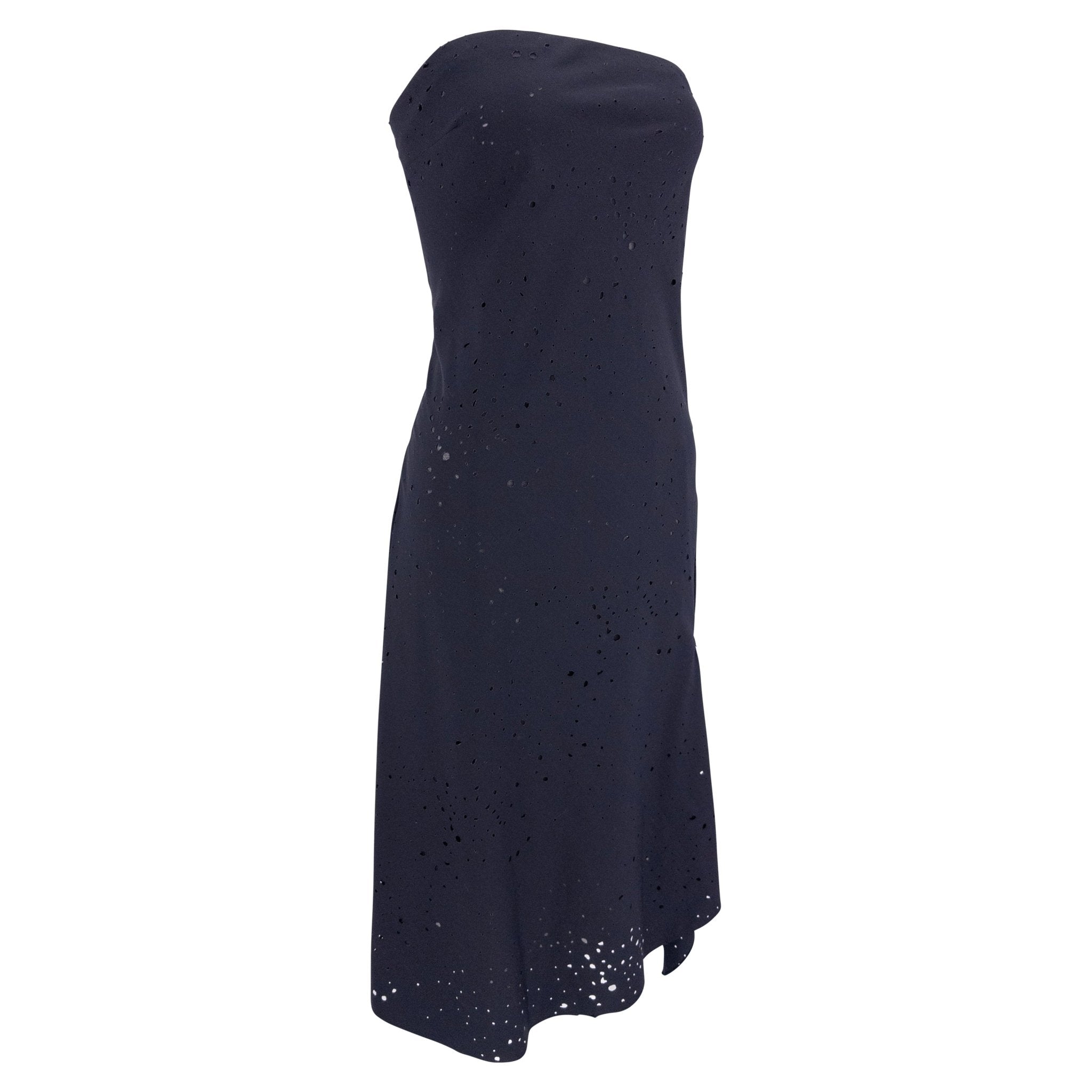 S/S 2000 Donna Karan Runway Navy Blue Perforated Strapless Flare Mini Dress - RealList