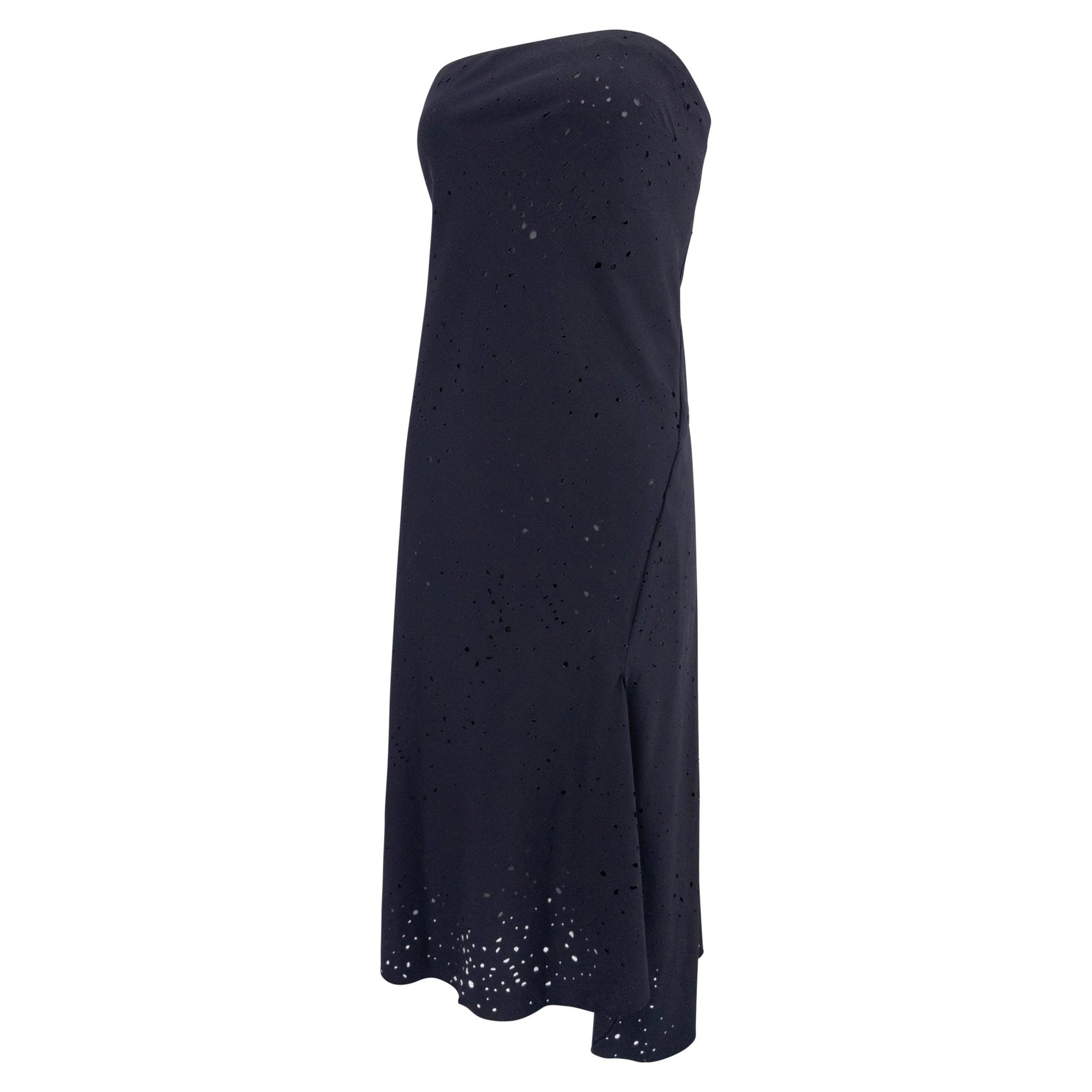 S/S 2000 Donna Karan Runway Navy Blue Perforated Strapless Flare Mini Dress - RealList