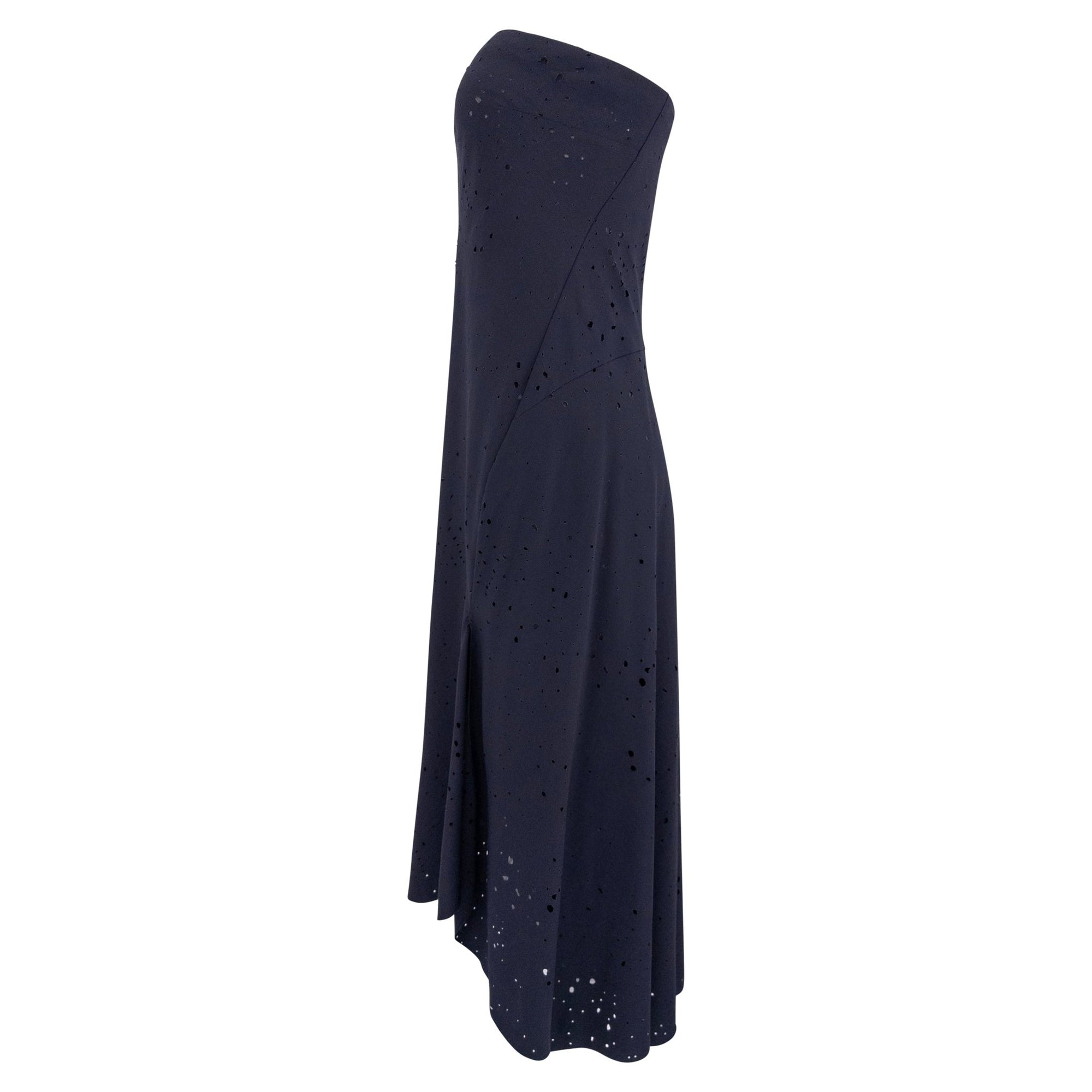 S/S 2000 Donna Karan Runway Navy Blue Perforated Strapless Flare Mini Dress - RealList