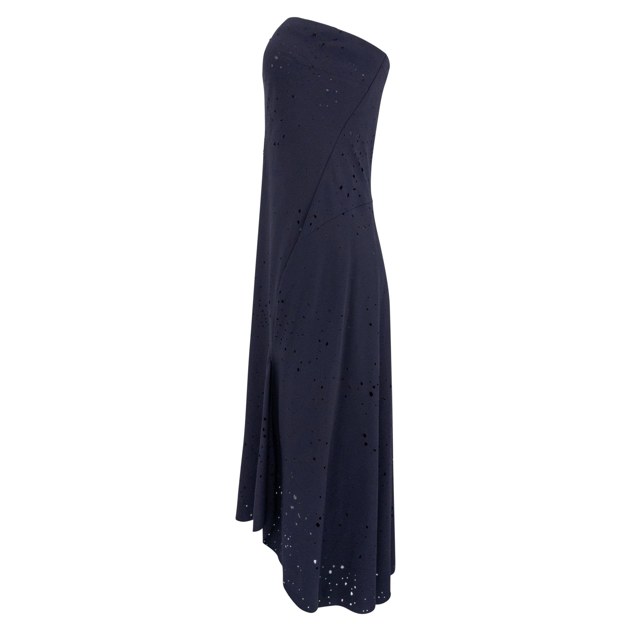 S/S 2000 Donna Karan Runway Navy Blue Perforated Strapless Flare Mini Dress - RealList