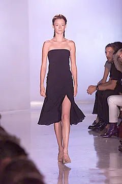 S/S 2000 Donna Karan Runway Navy Blue Perforated Strapless Flare Mini Dress - RealList