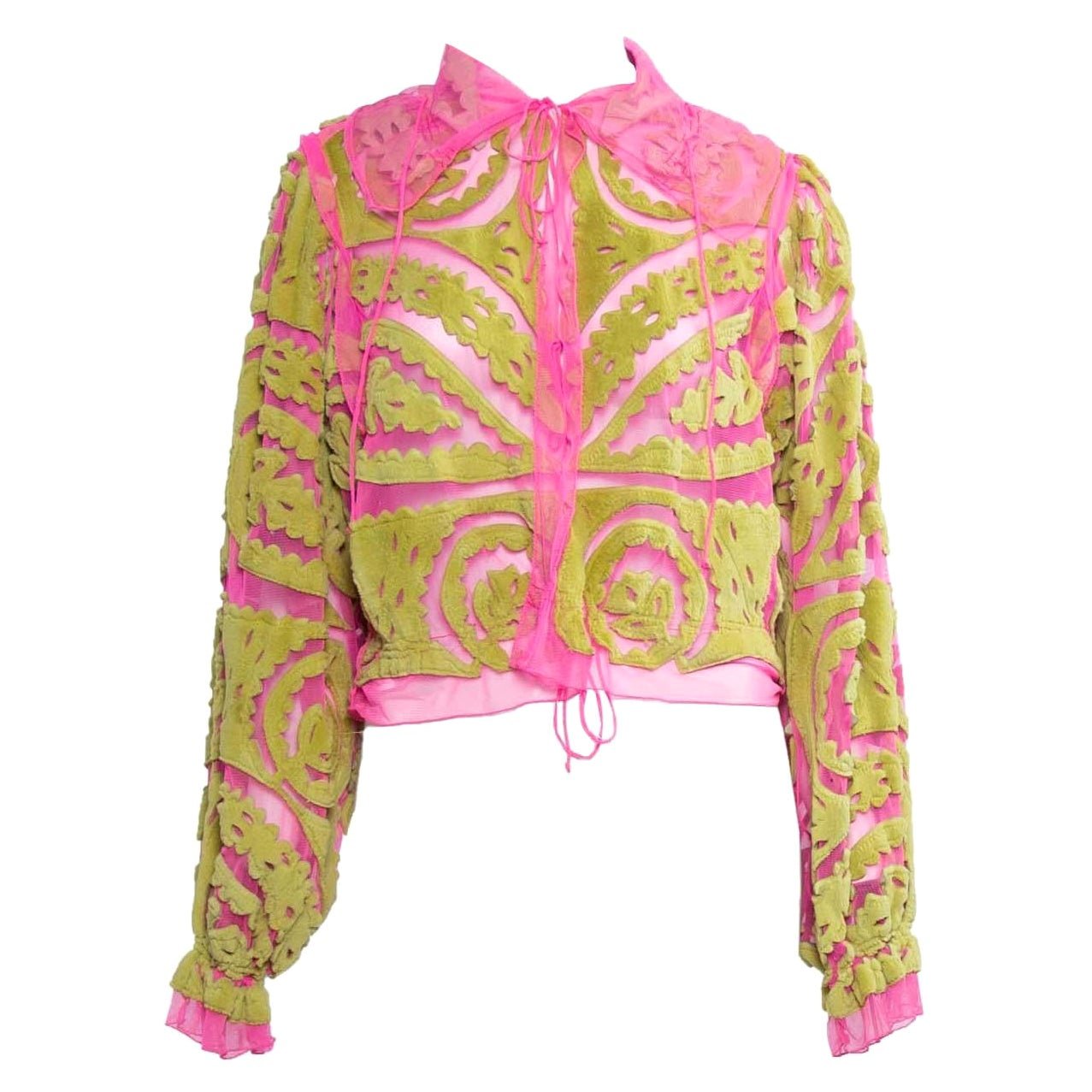 S/S 2000 Fendi by Karl Lagerfeld Runway Neon Pink Blouse Green Rabbit Fur - RealList