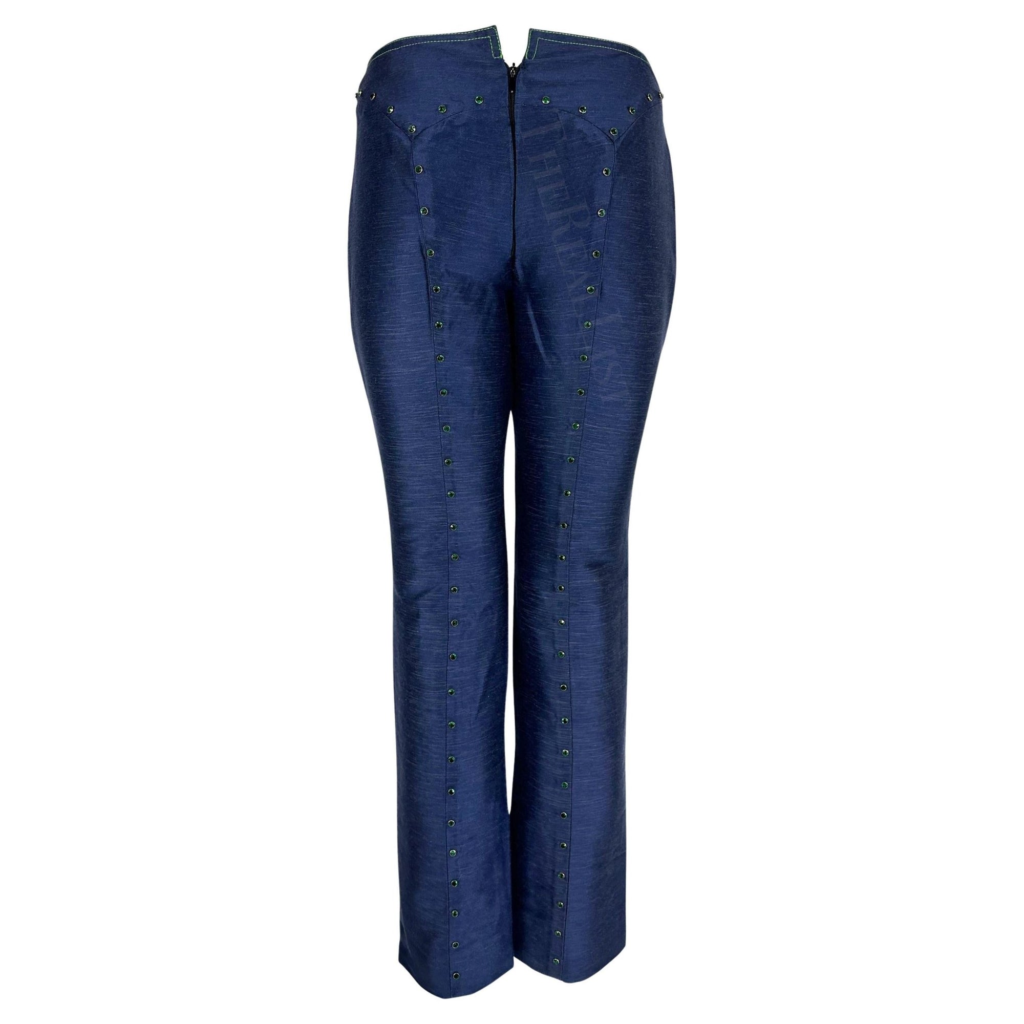 S/S 2000 Gianni Versace by Donatella Blue Chambray Rhinestone Runway Pants - RealList