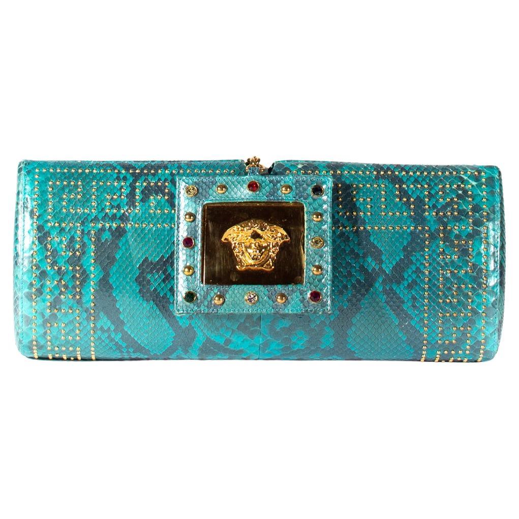 S/S 2000 Gianni Versace by Donatella Genuine Python Blue Convertible Clutch Bag - RealList