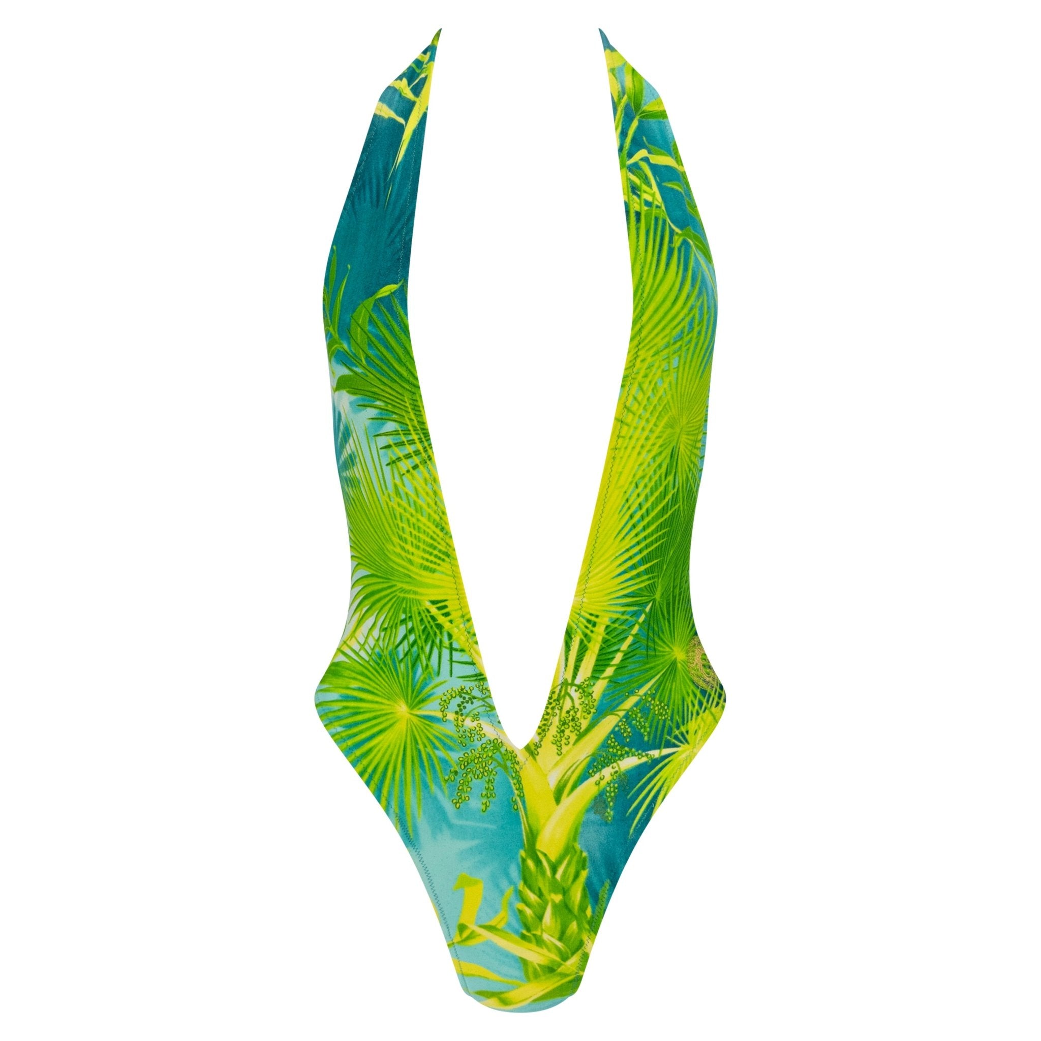 S/S 2000 Gianni Versace by Donatella Green Palm Print Plunging Swimsuit - RealList