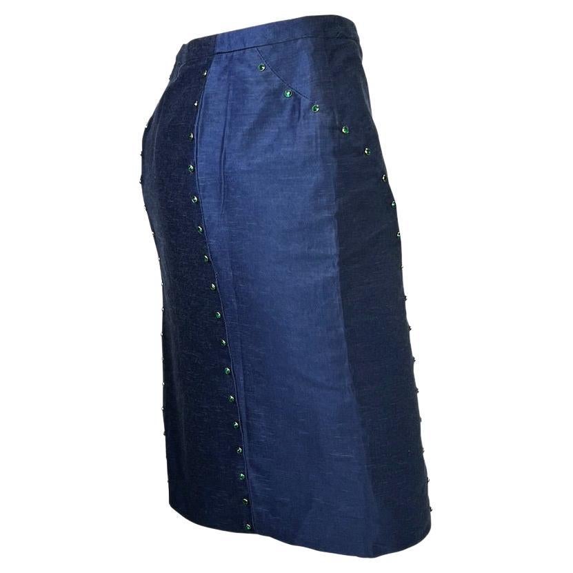 S/S 2000 Gianni Versace by Donatella Green Rhinestone Chambray Skirt - RealList
