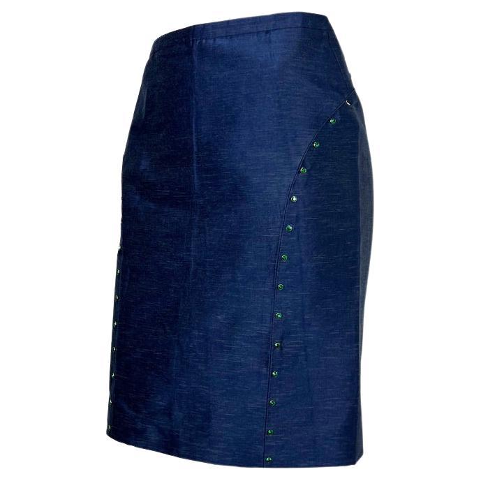 S/S 2000 Gianni Versace by Donatella Green Rhinestone Chambray Skirt - RealList