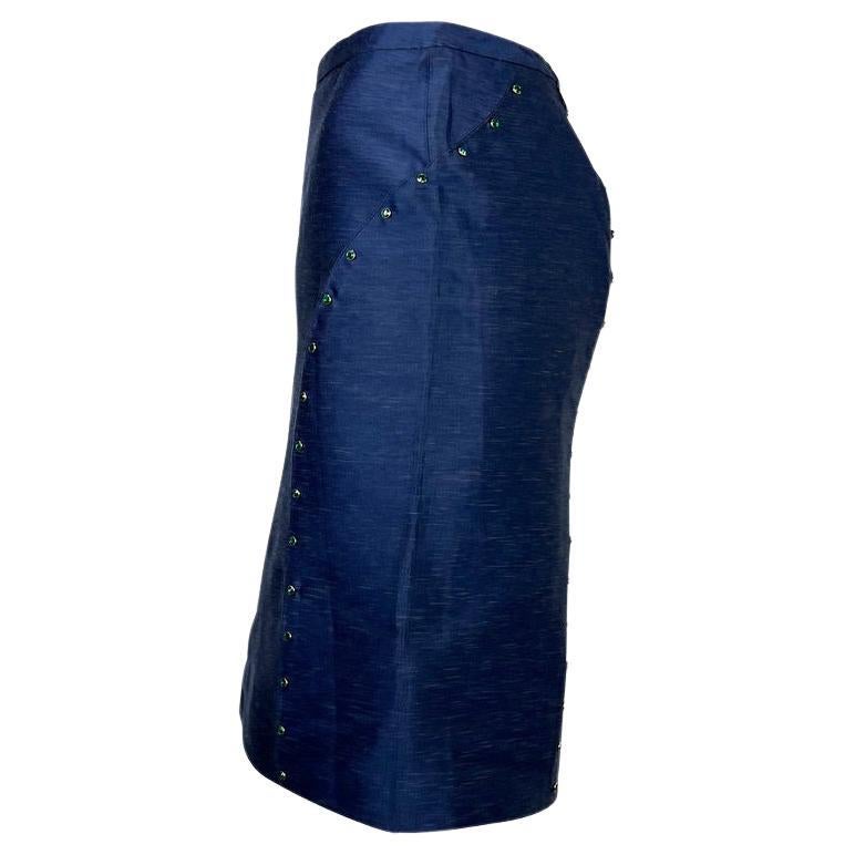 S/S 2000 Gianni Versace by Donatella Green Rhinestone Chambray Skirt - RealList
