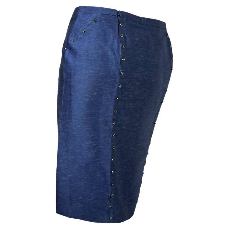 S/S 2000 Gianni Versace by Donatella Green Rhinestone Chambray Skirt - RealList