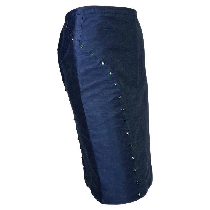 S/S 2000 Gianni Versace by Donatella Green Rhinestone Chambray Skirt - RealList