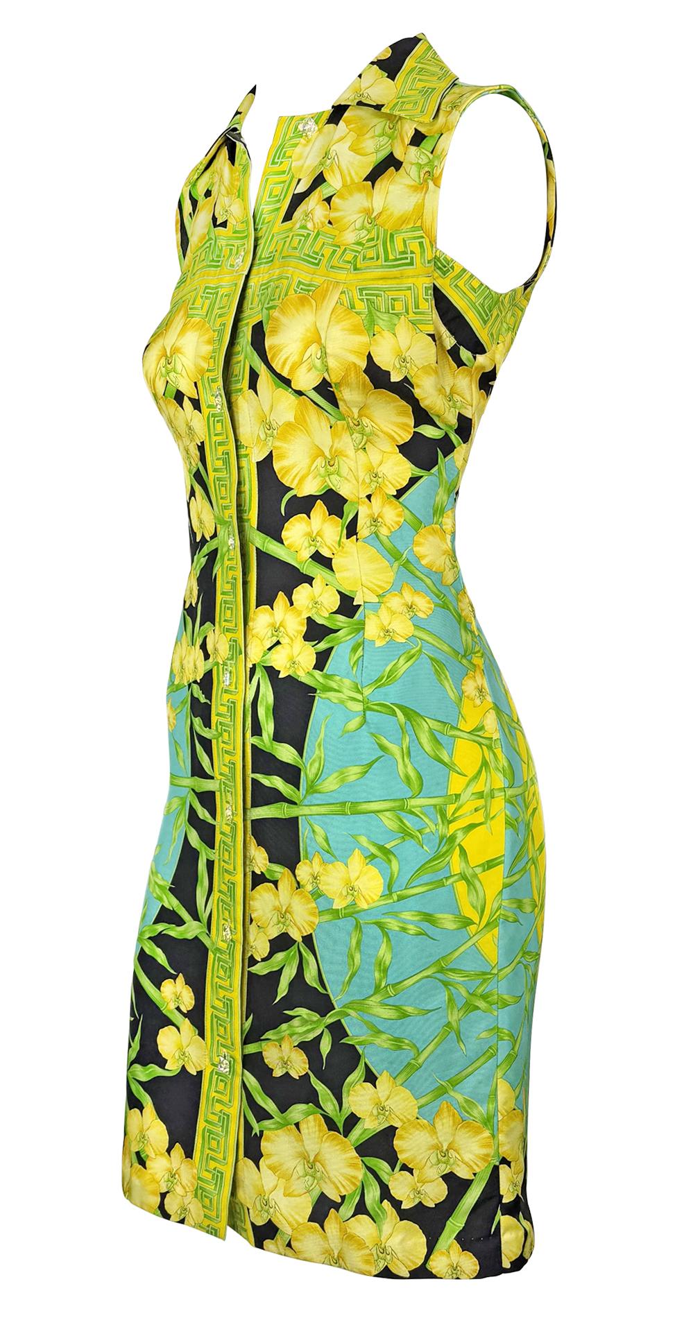 S/S 2000 Gianni Versace by Donatella Medusa Orchid Print Crystal Button Dress - RealList