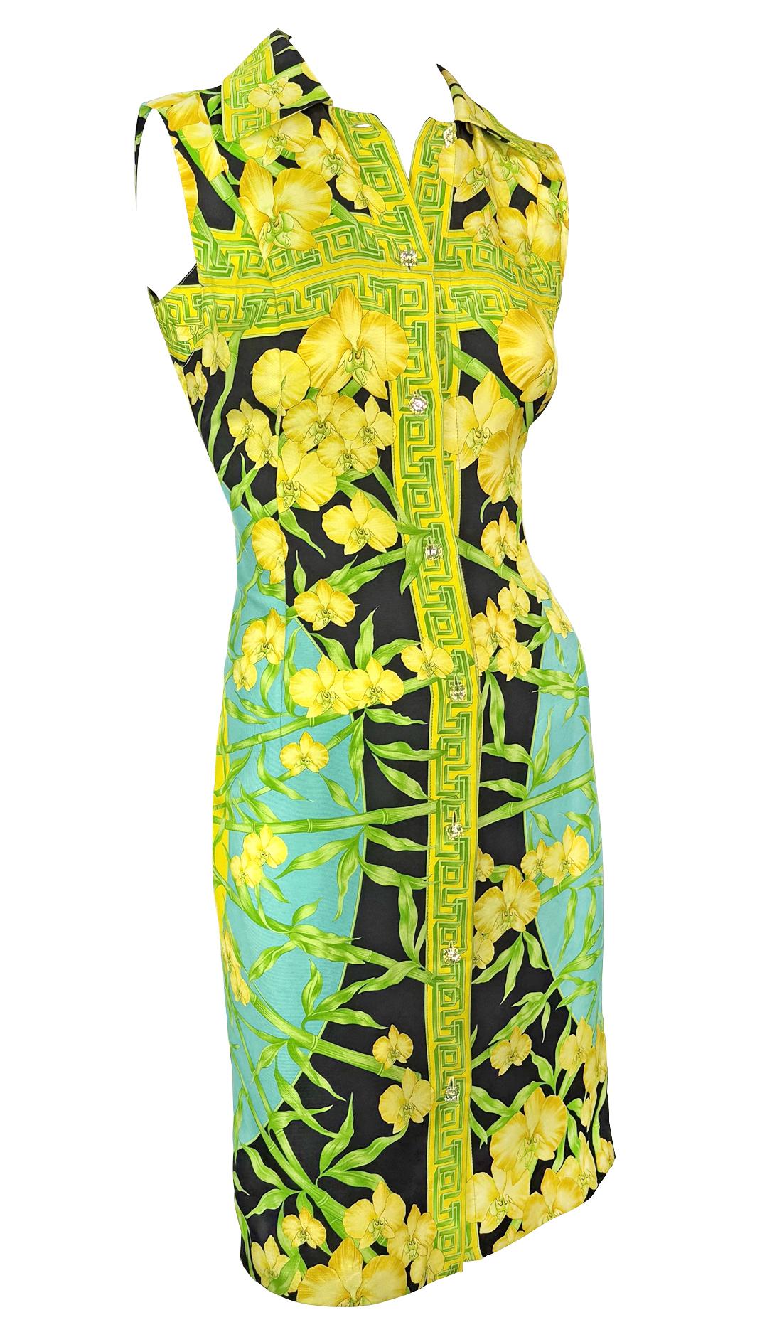 S/S 2000 Gianni Versace by Donatella Medusa Orchid Print Crystal Button Dress - RealList