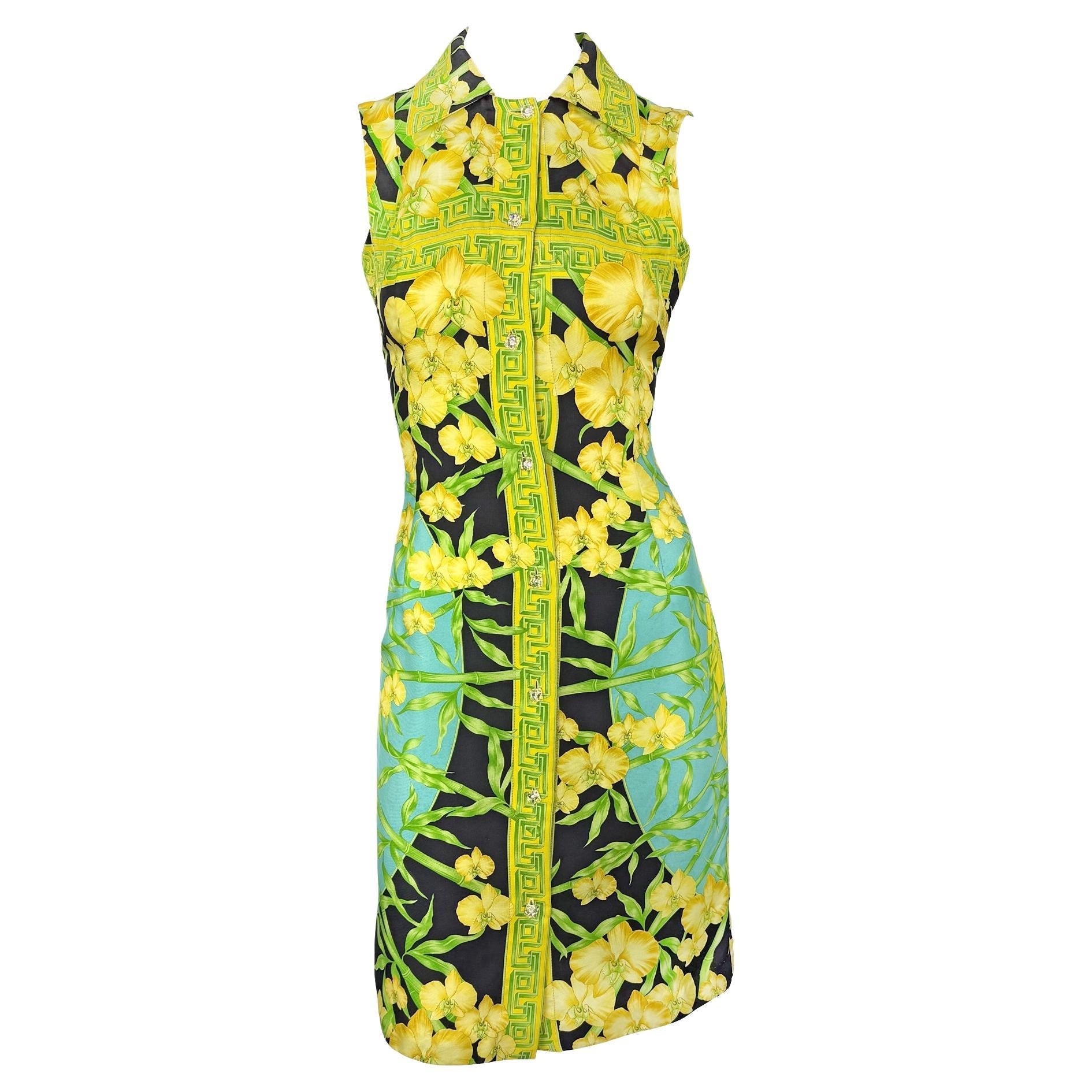 S/S 2000 Gianni Versace by Donatella Medusa Orchid Print Crystal Button Dress - RealList