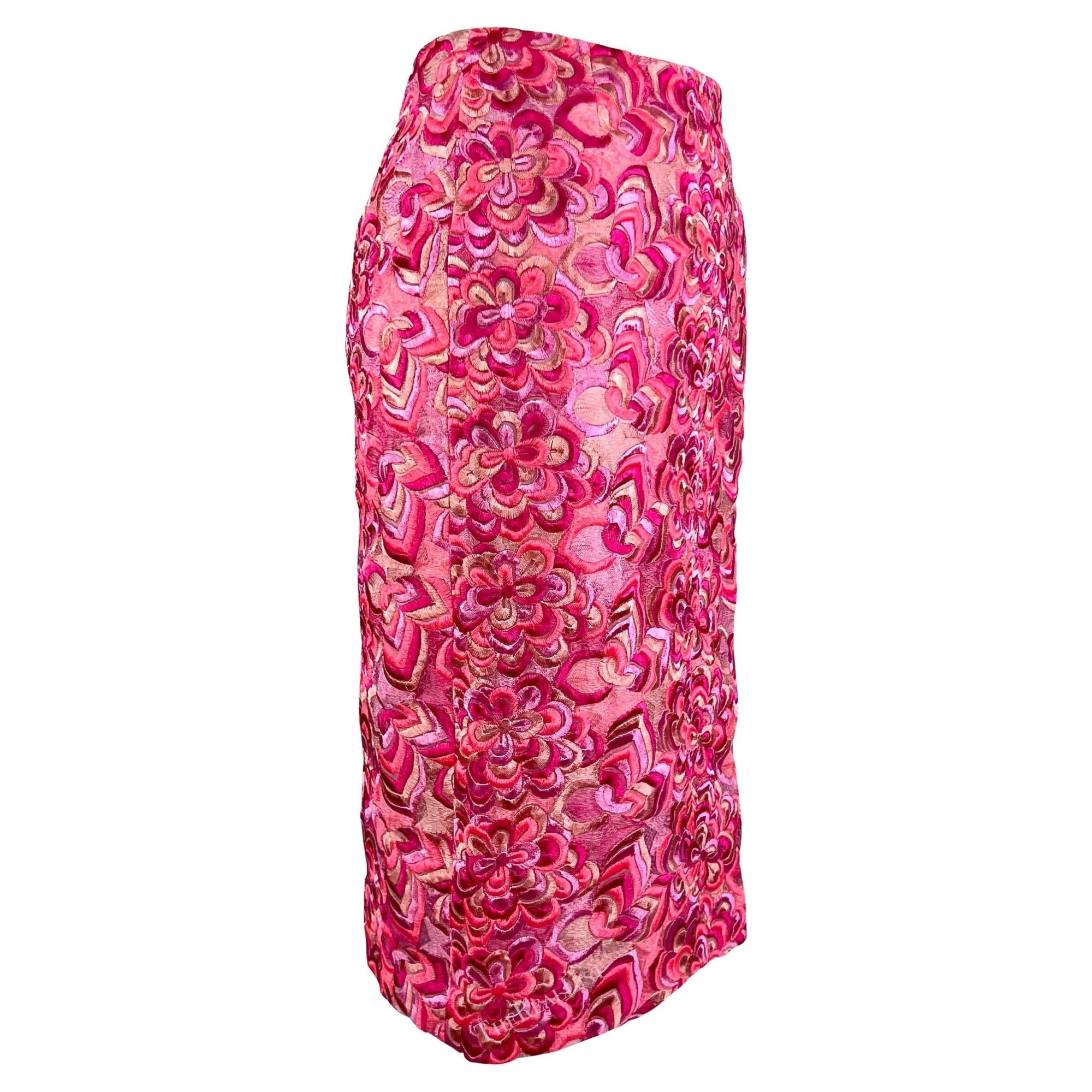 S/S 2000 Gianni Versace by Donatella Neon Pink Floral Embroidered Skirt - RealList
