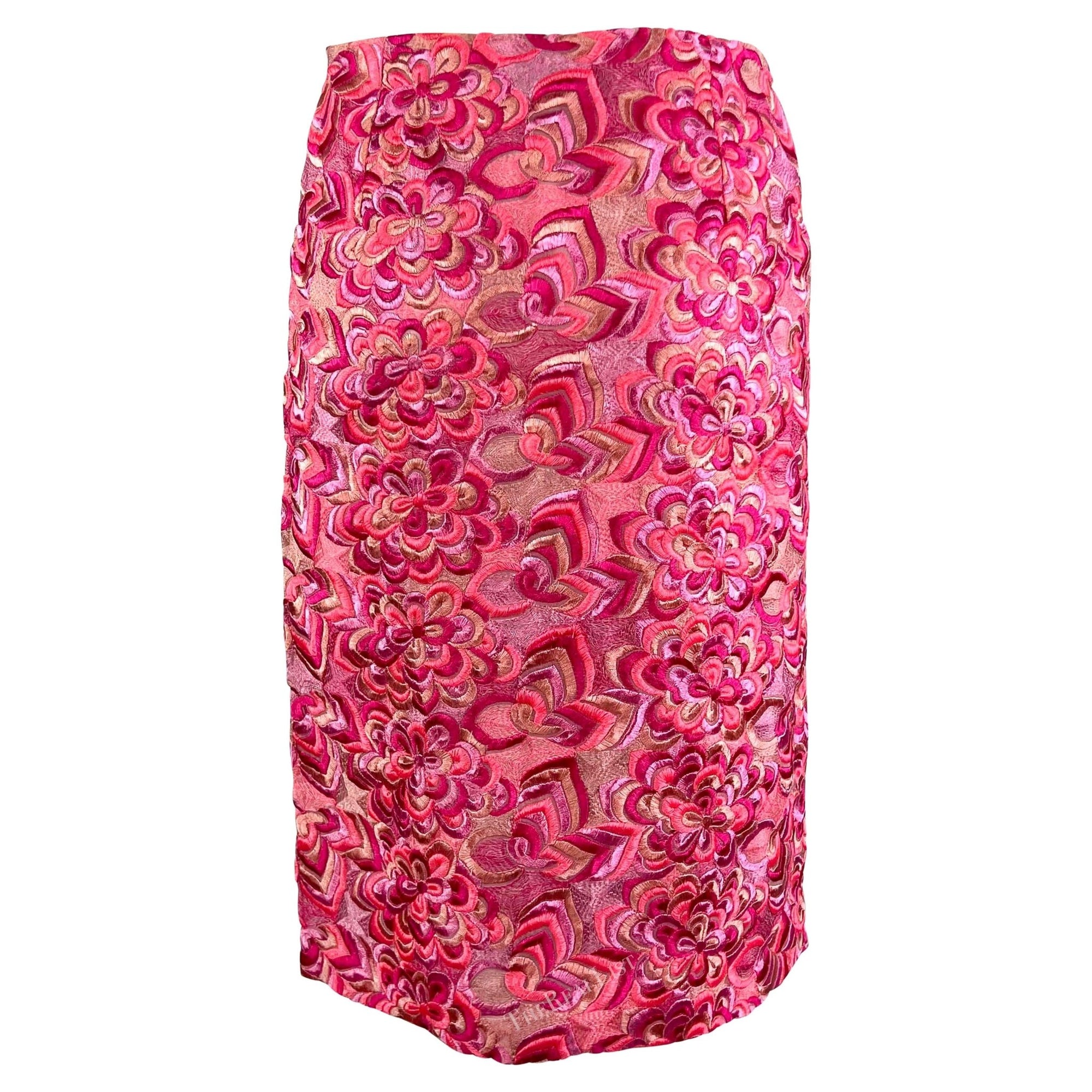 S/S 2000 Gianni Versace by Donatella Neon Pink Floral Embroidered Skirt - RealList