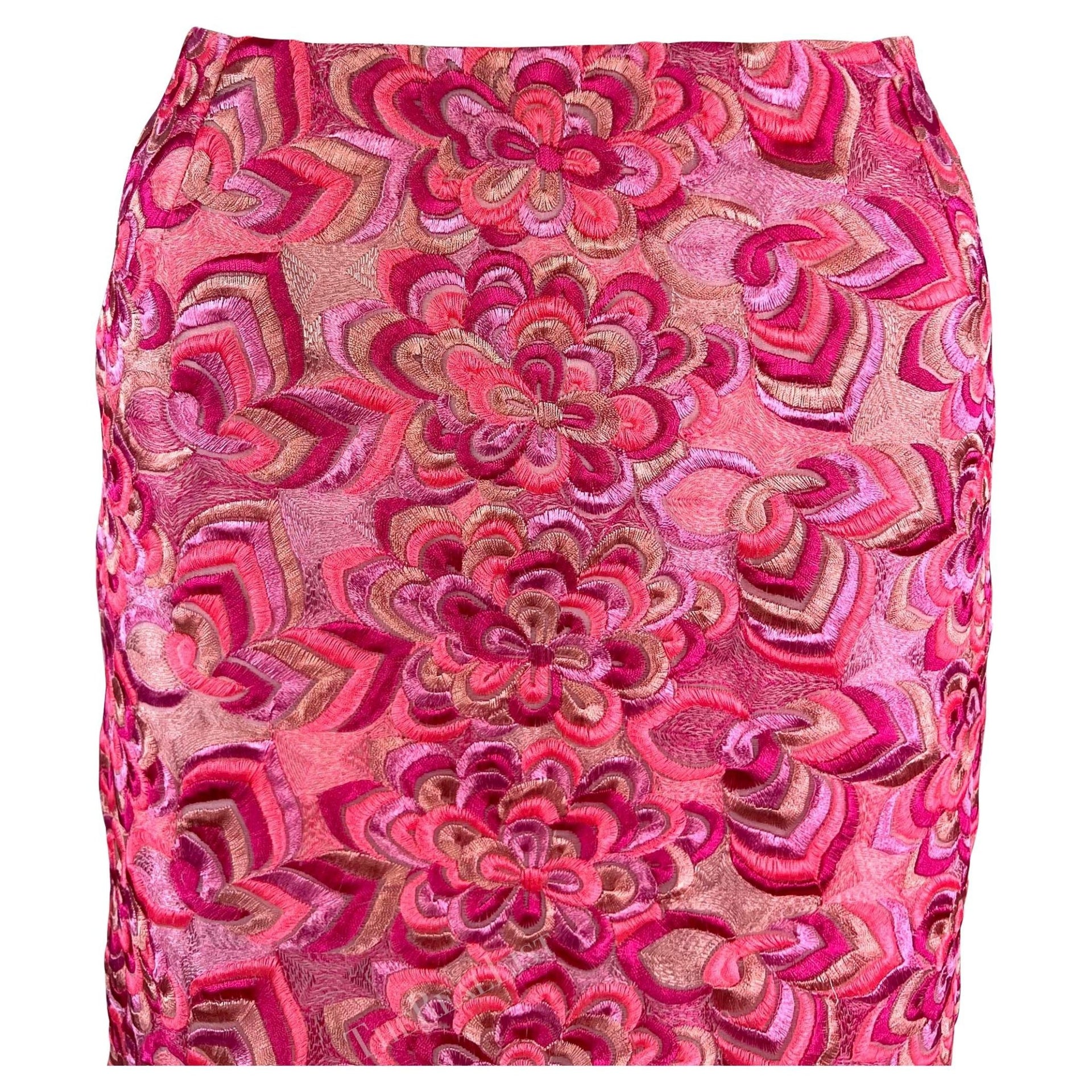 S/S 2000 Gianni Versace by Donatella Neon Pink Floral Embroidered Skirt - RealList