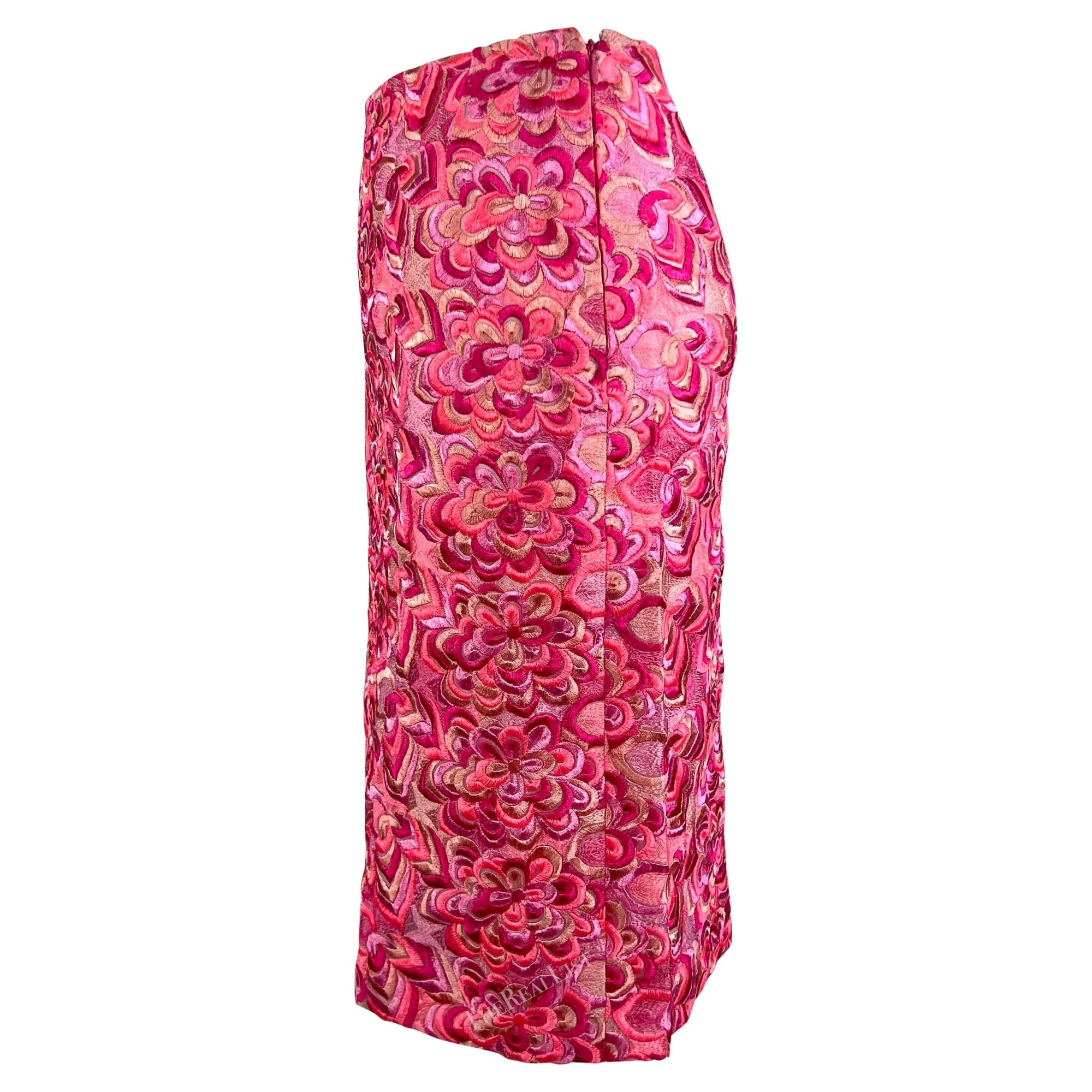 S/S 2000 Gianni Versace by Donatella Neon Pink Floral Embroidered Skirt - RealList