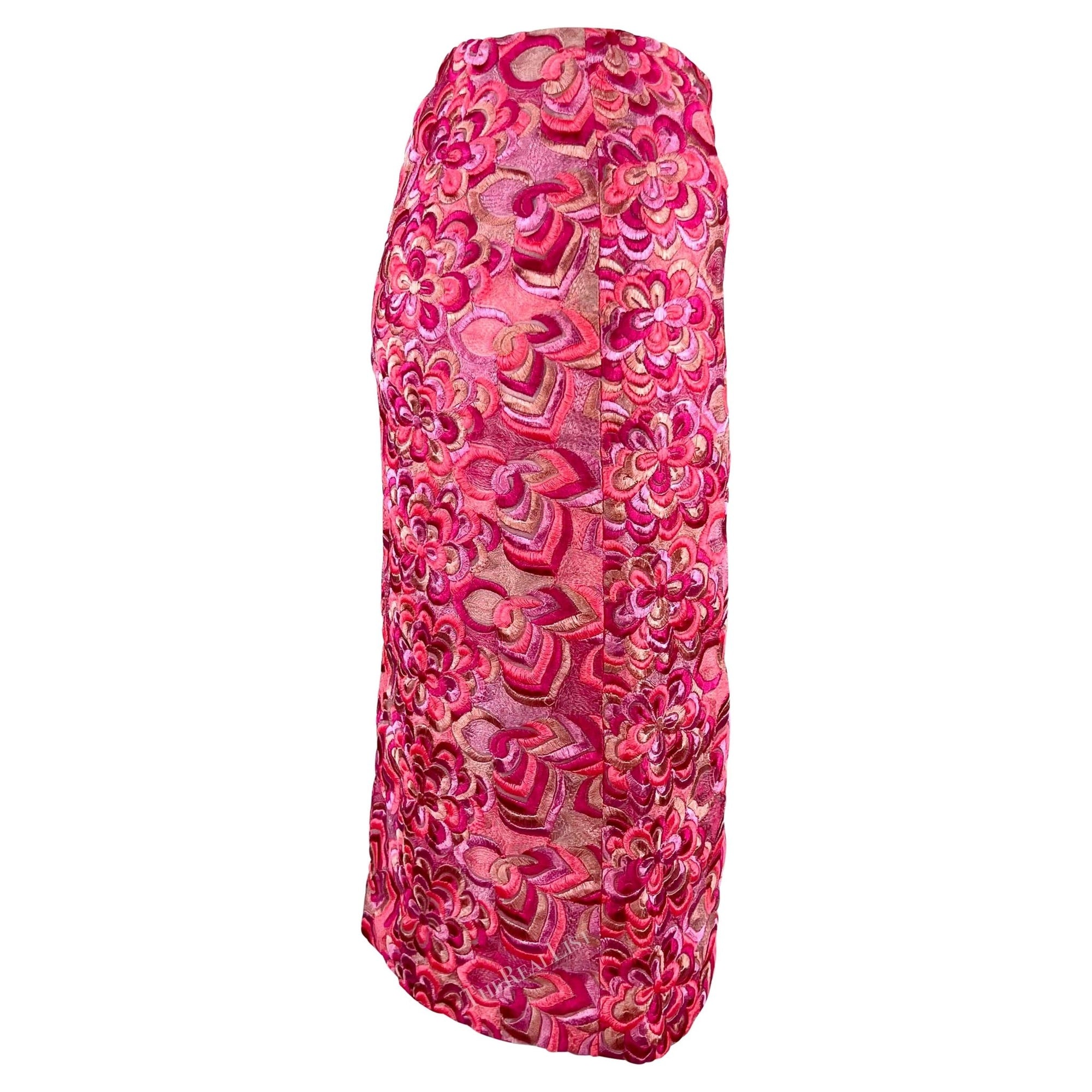 S/S 2000 Gianni Versace by Donatella Neon Pink Floral Embroidered Skirt - RealList