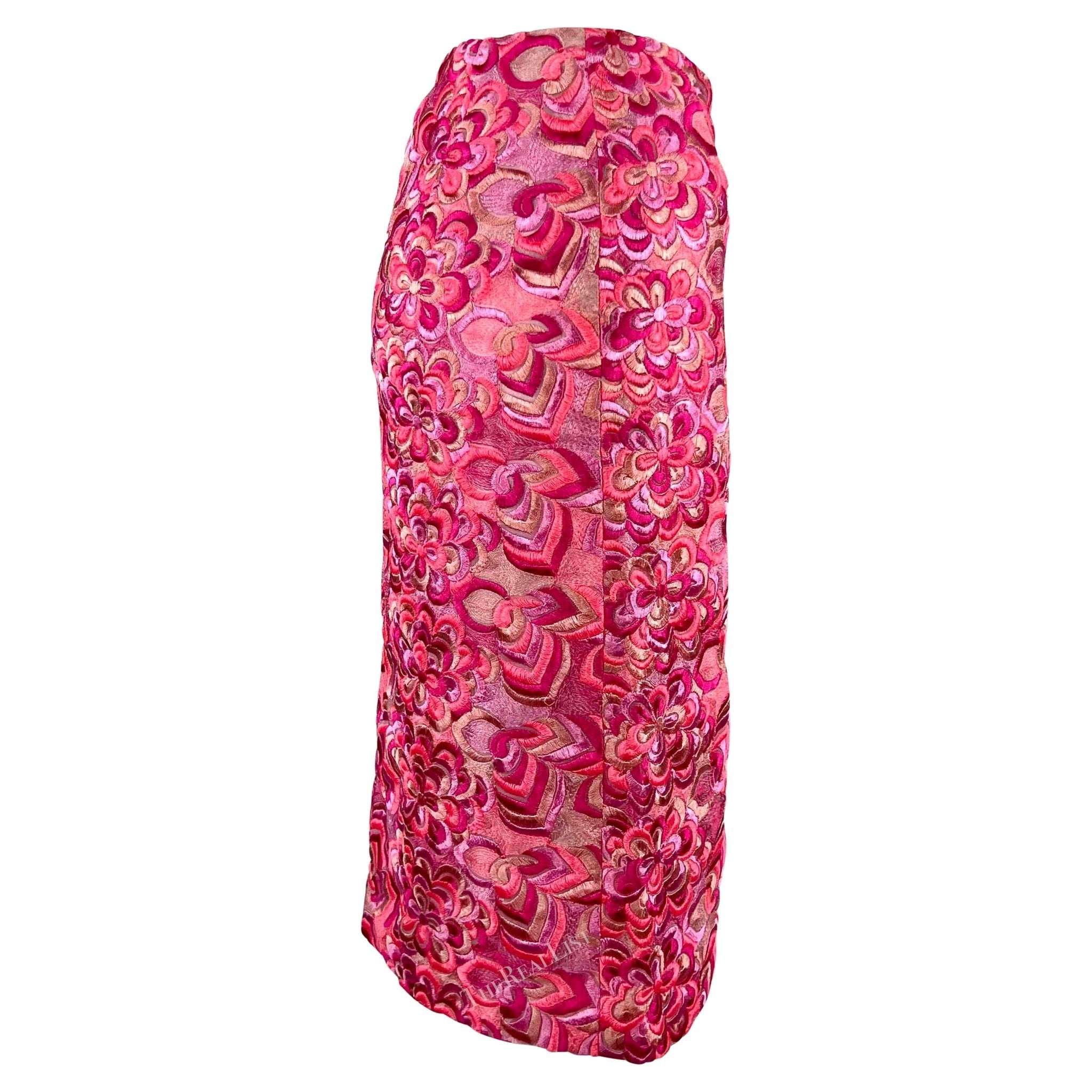 S/S 2000 Gianni Versace by Donatella Neon Pink Floral Embroidered Skirt - RealList