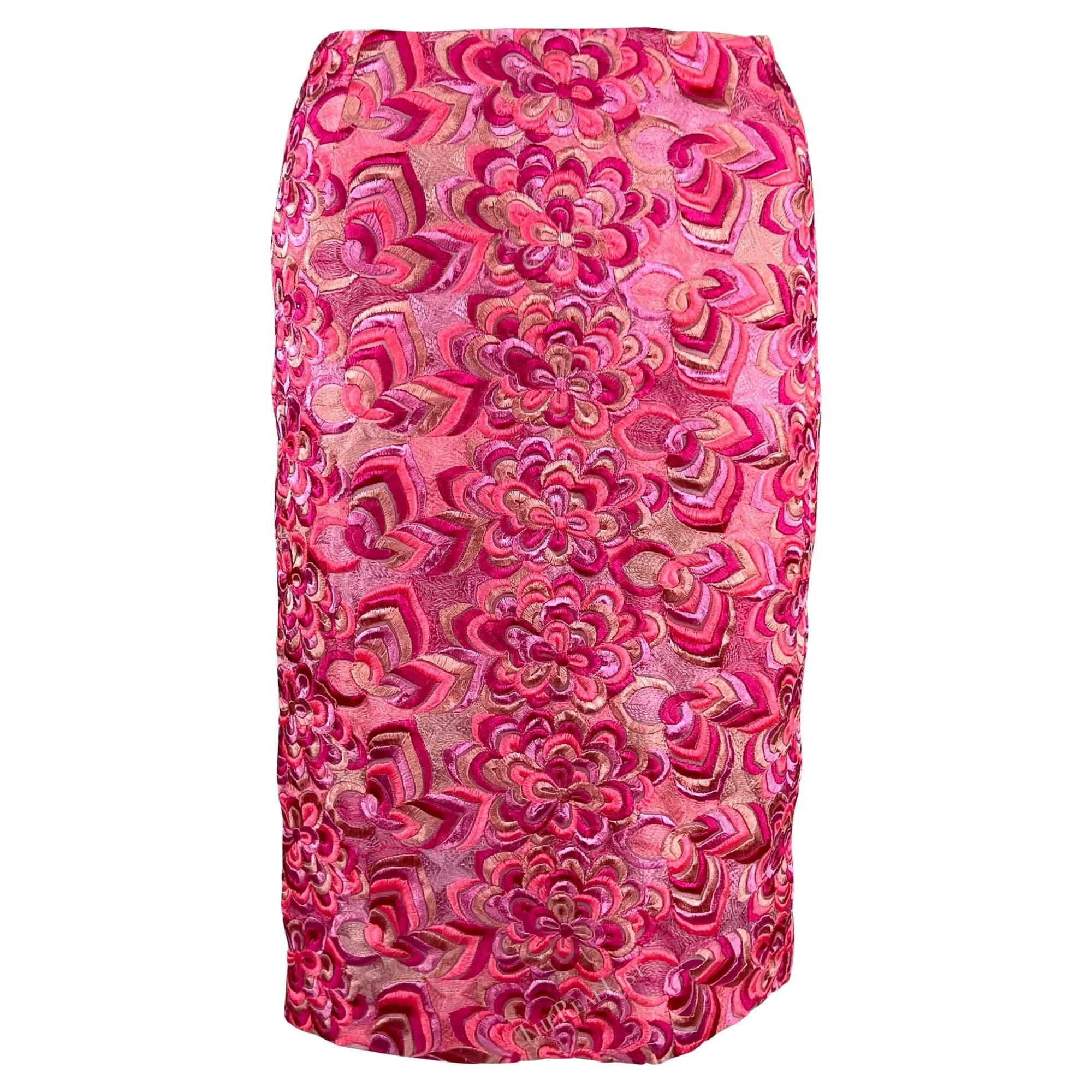 S/S 2000 Gianni Versace by Donatella Neon Pink Floral Embroidered Skirt - RealList