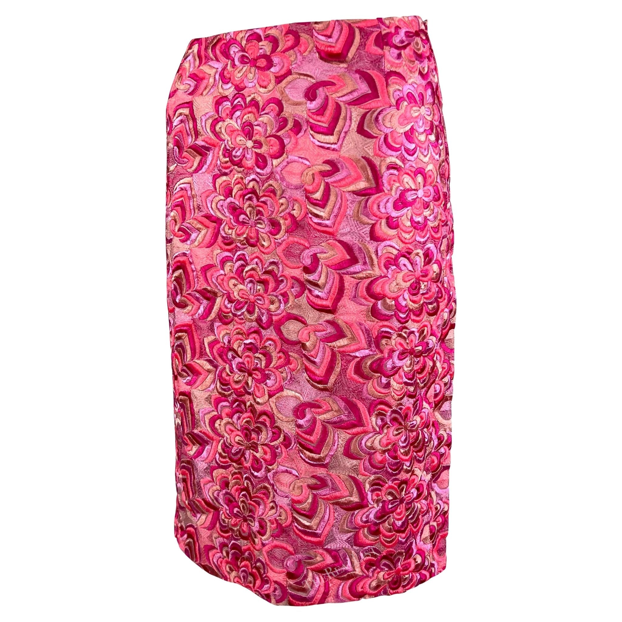 S/S 2000 Gianni Versace by Donatella Neon Pink Floral Embroidered Skirt - RealList