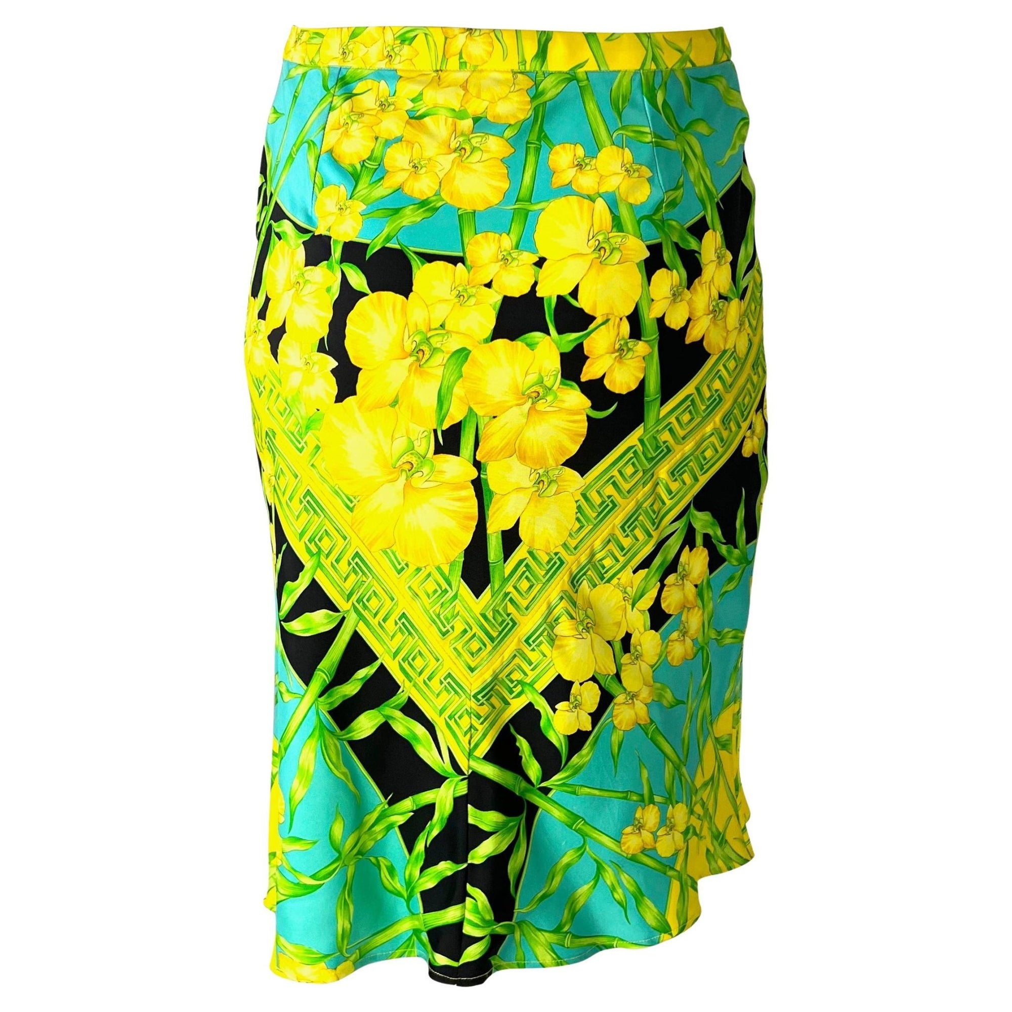 S/S 2000 Gianni Versace by Donatella Orchid Greek Key Jungle Print Silk Skirt - RealList