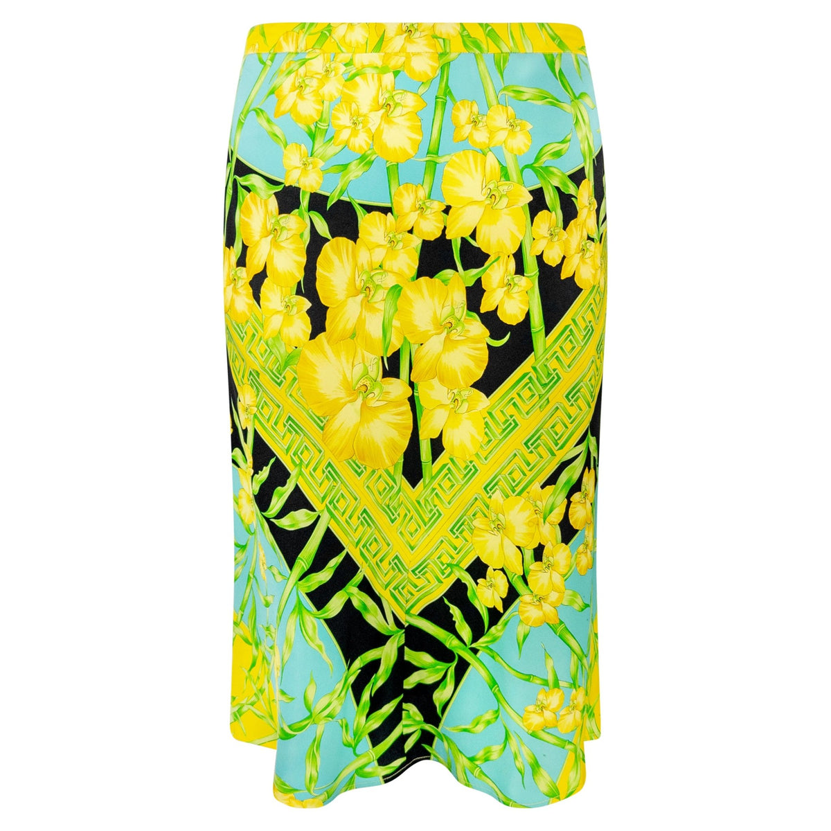 S/S 2000 Gianni Versace by Donatella Orchid Greek Key Jungle Print Silk Skirt - RealList