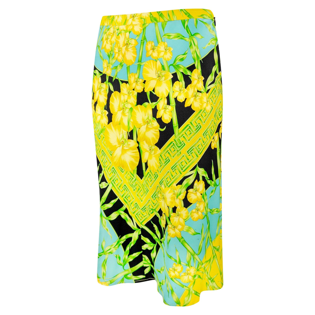 S/S 2000 Gianni Versace by Donatella Orchid Greek Key Jungle Print Silk Skirt - RealList