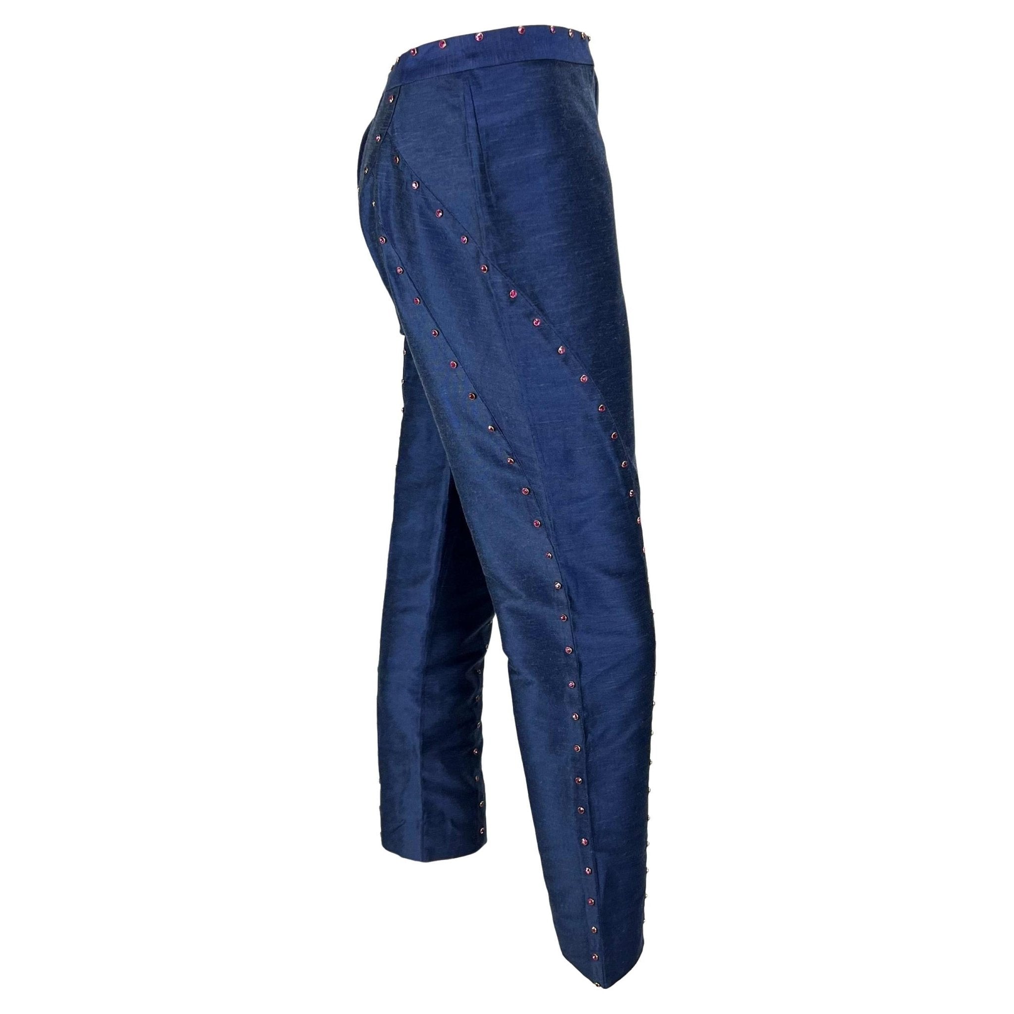 S/S 2000 Gianni Versace by Donatella Runway Blue Chambray Pink Rhinestone Pants - RealList