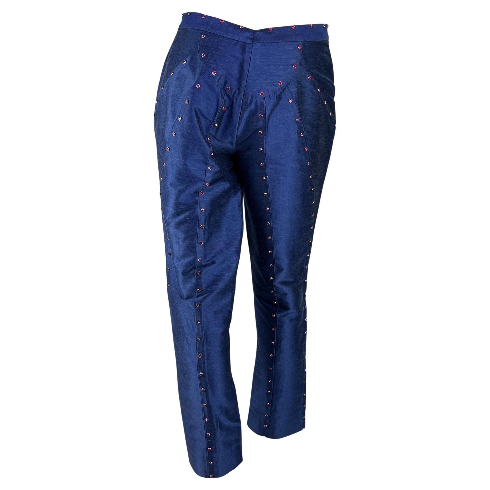 S/S 2000 Gianni Versace by Donatella Runway Blue Chambray Pink Rhinestone Pants - RealList