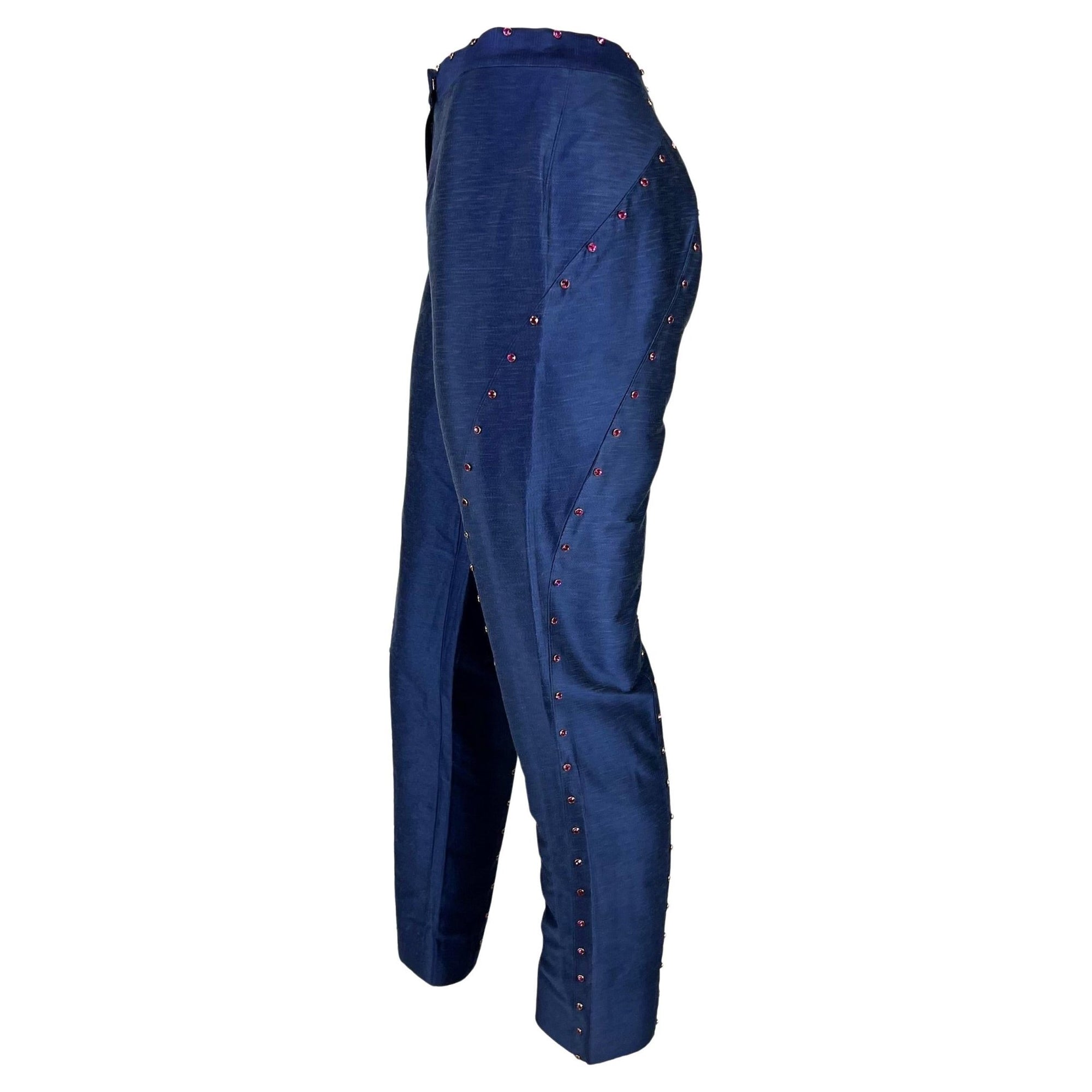 S/S 2000 Gianni Versace by Donatella Runway Blue Chambray Pink Rhinestone Pants - RealList