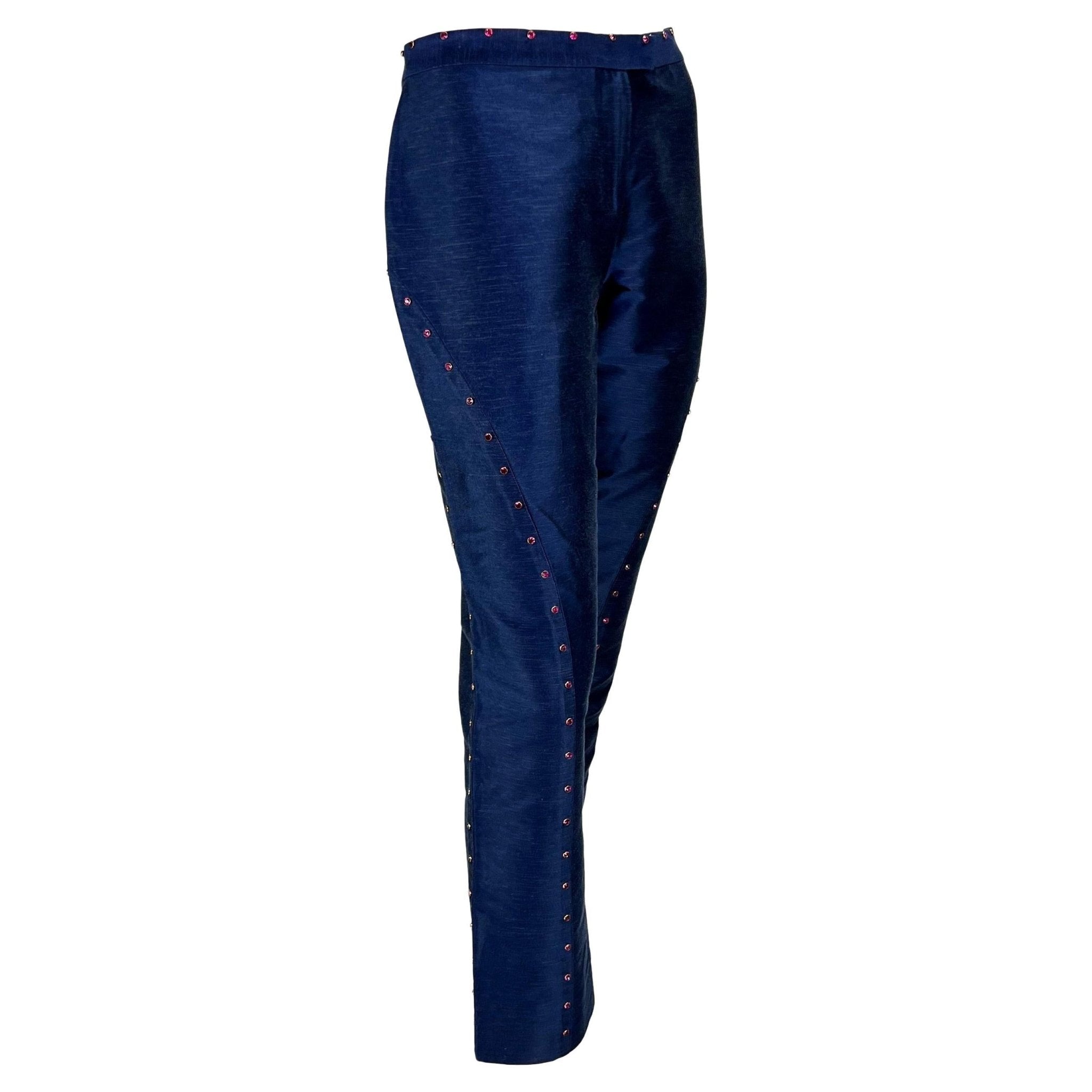 S/S 2000 Gianni Versace by Donatella Runway Blue Chambray Pink Rhinestone Pants - RealList