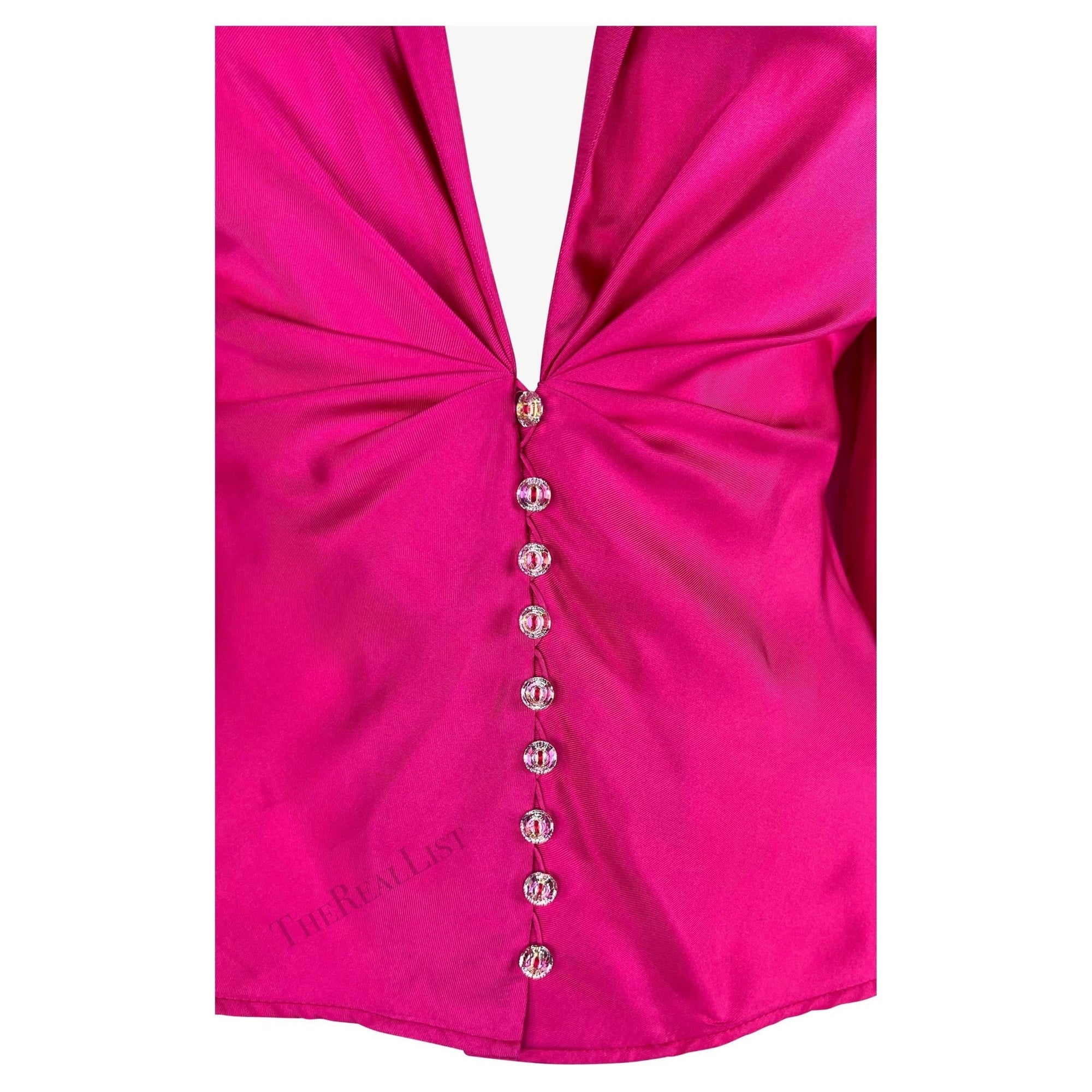 S/S 2000 Gianni Versace by Donatella Runway Hot Pink Silk Satin Rhinestone Blouse - RealList