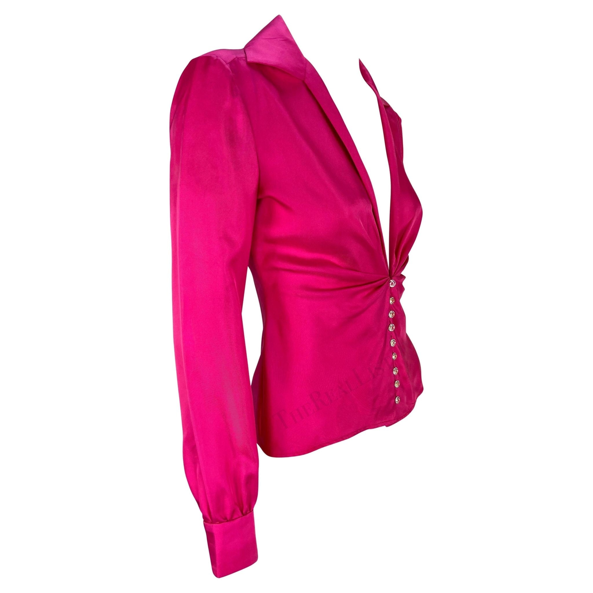 S/S 2000 Gianni Versace by Donatella Runway Hot Pink Silk Satin Rhinestone Blouse - RealList