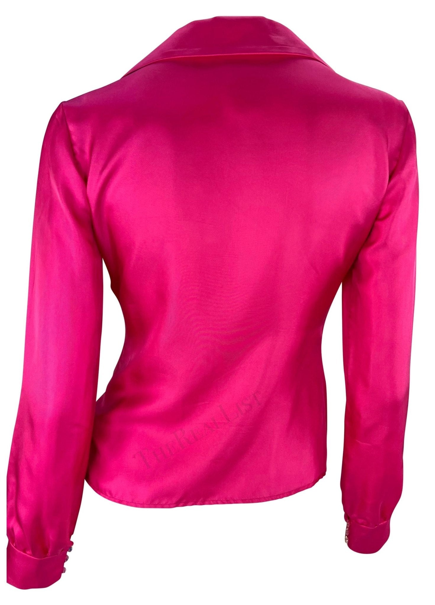S/S 2000 Gianni Versace by Donatella Runway Hot Pink Silk Satin Rhinestone Blouse - RealList