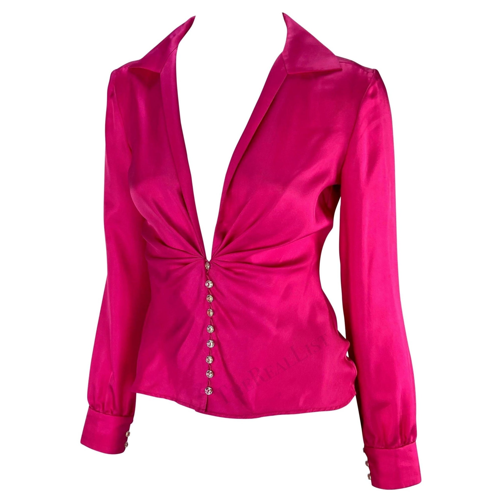 S/S 2000 Gianni Versace by Donatella Runway Hot Pink Silk Satin Rhinestone Blouse - RealList